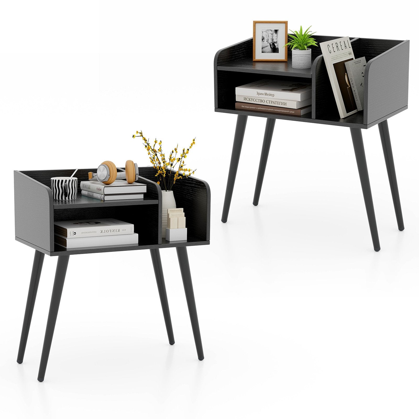 2-Tier Mid Century Modern Nightstand for Living Room Bedroom Set of 2-Black