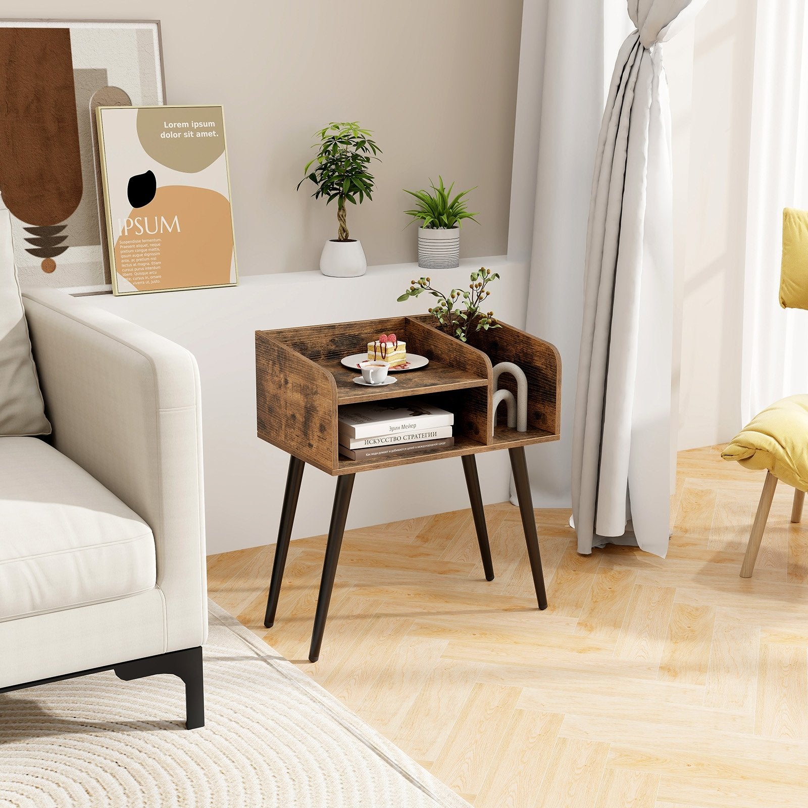 2-Tier Mid Century Modern Nightstand for Living Room Bedroom Set of 2-Rustic Brown