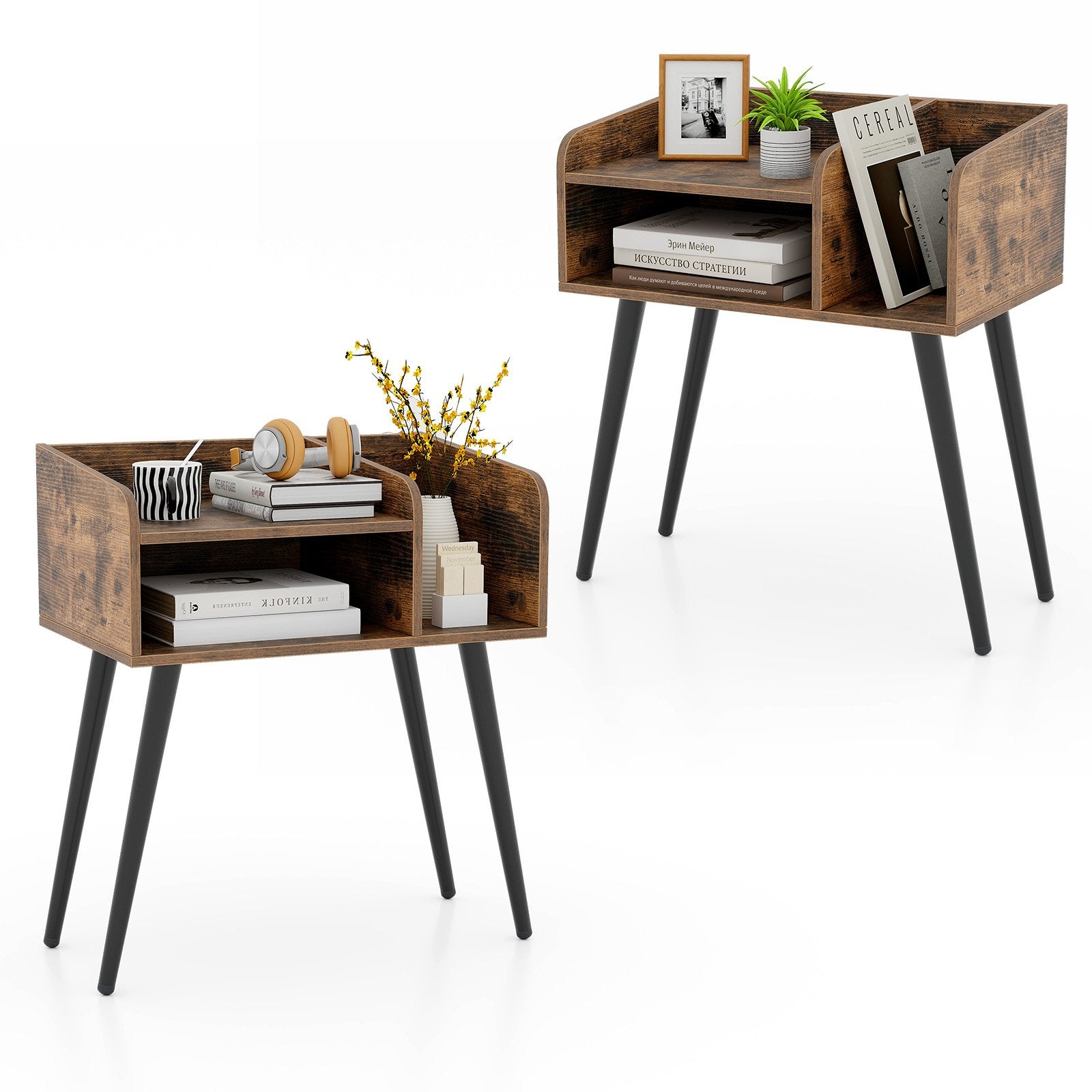 2-Tier Mid Century Modern Nightstand for Living Room Bedroom Set of 2-Rustic Brown