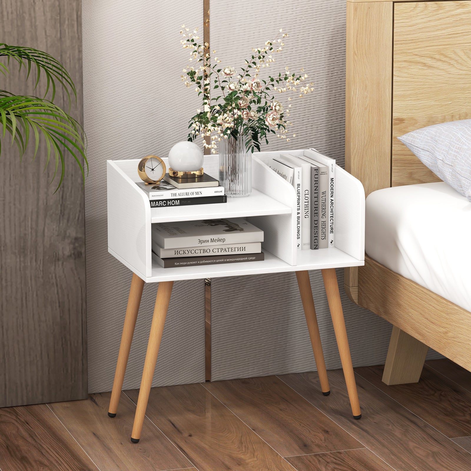2-Tier Mid Century Modern Nightstand with Open Shelves-White