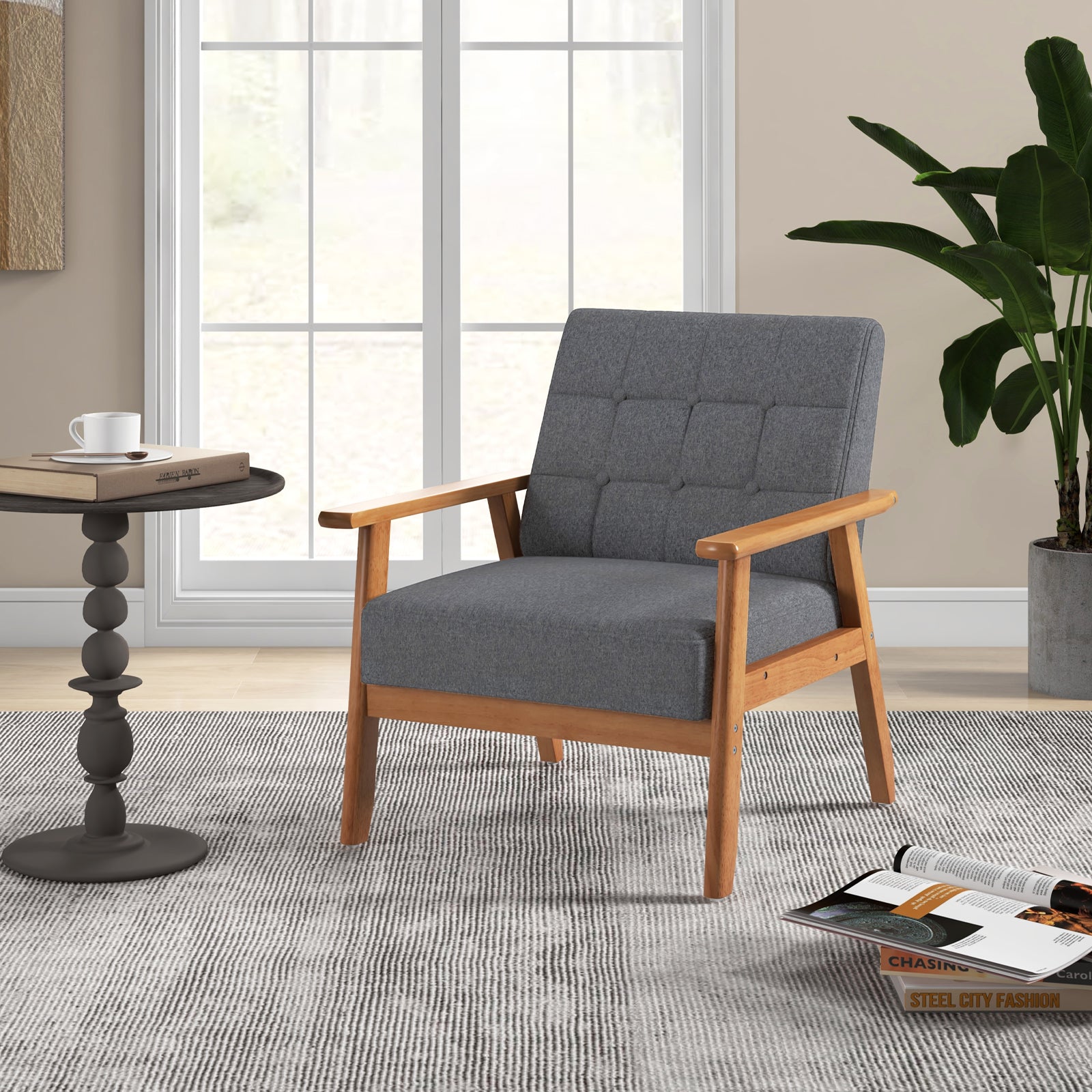 Mid-century Modern Accent Chair with Breathable Linen Cloth-Grey