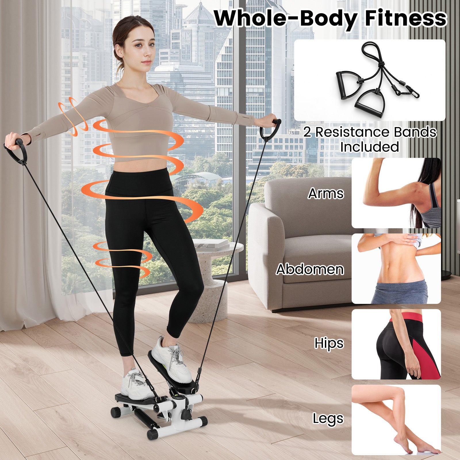 Mini Stepper for Workout Portable Hydraulic Stepper with Resistance Bands-White