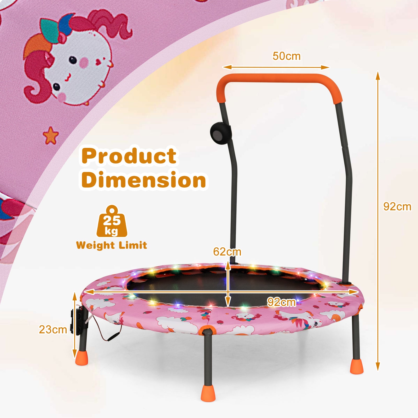 Mini Trampoline for Children with LED Lights and Safety Handle-Pink