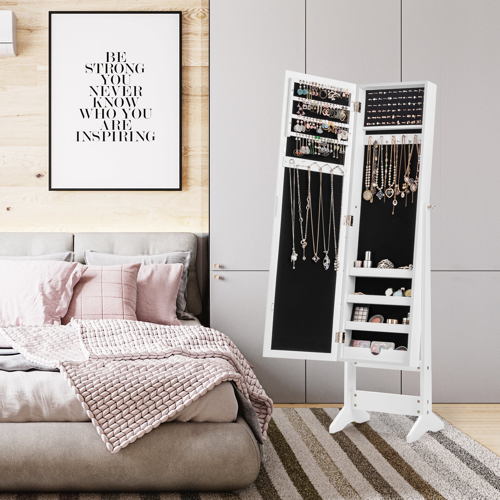 Mirrored Jewelry Armoire with Full-Length Mirror and 3 Tilting Angles-White