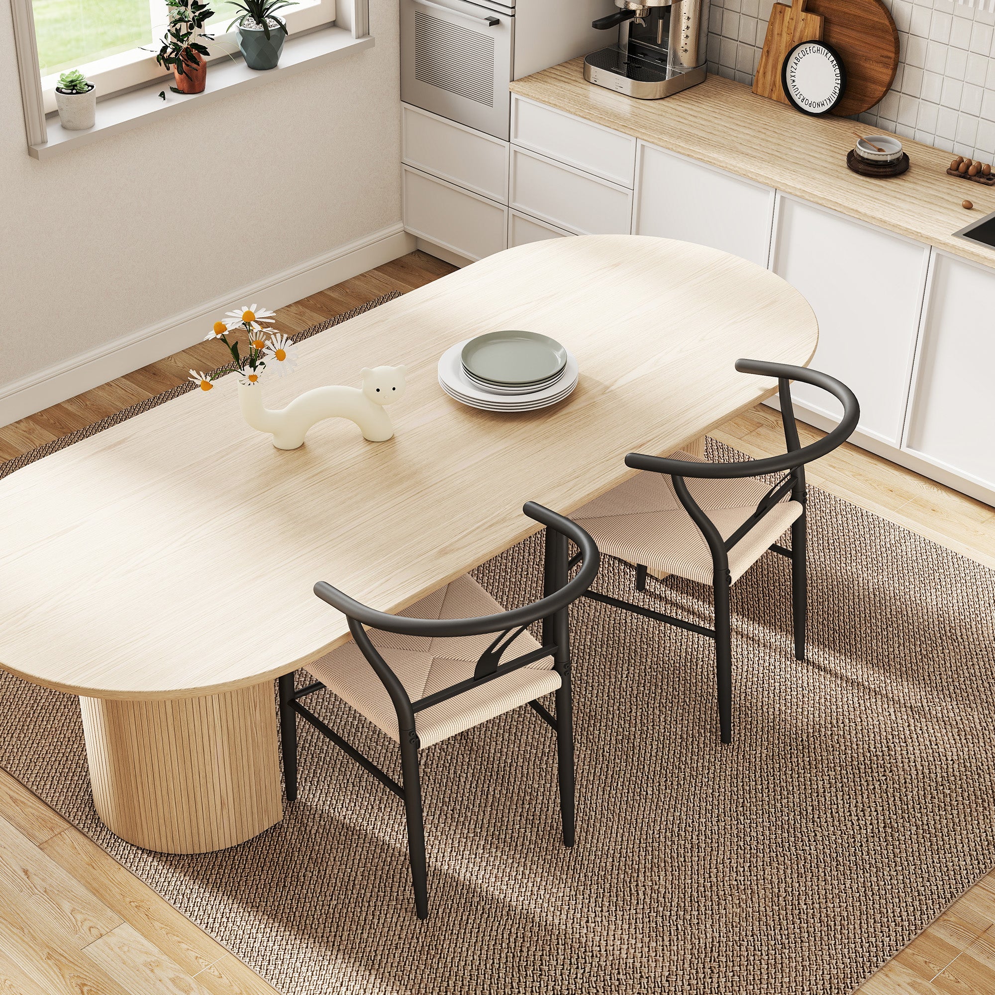 HOMCOM Set of Two Weave Dining Chairs with Y-Shaped Backrest Hemp Seat - Black/Beige