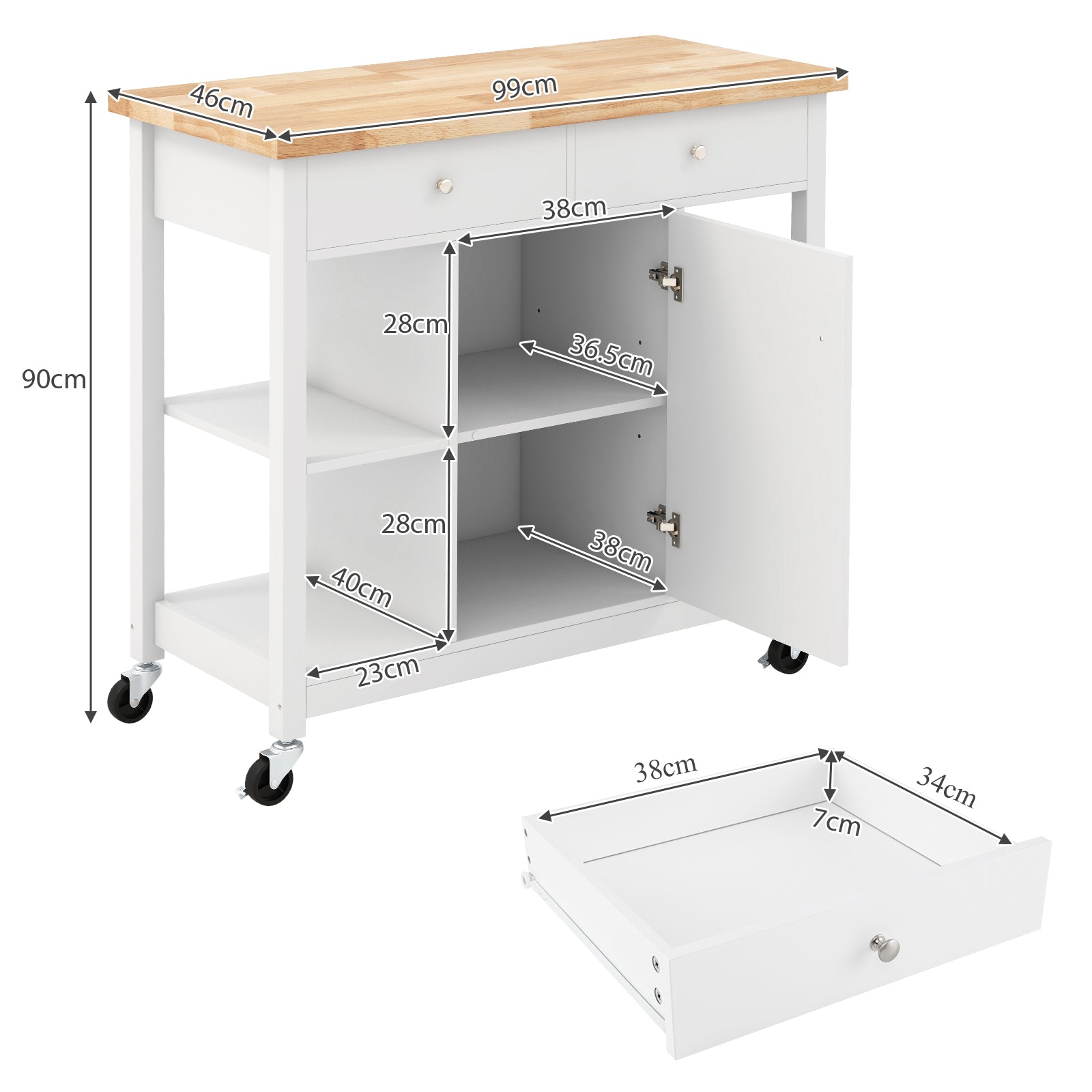 Mobile Kitchen Island Cart Rolling Kitchen Island with Rubber Wood Top-White