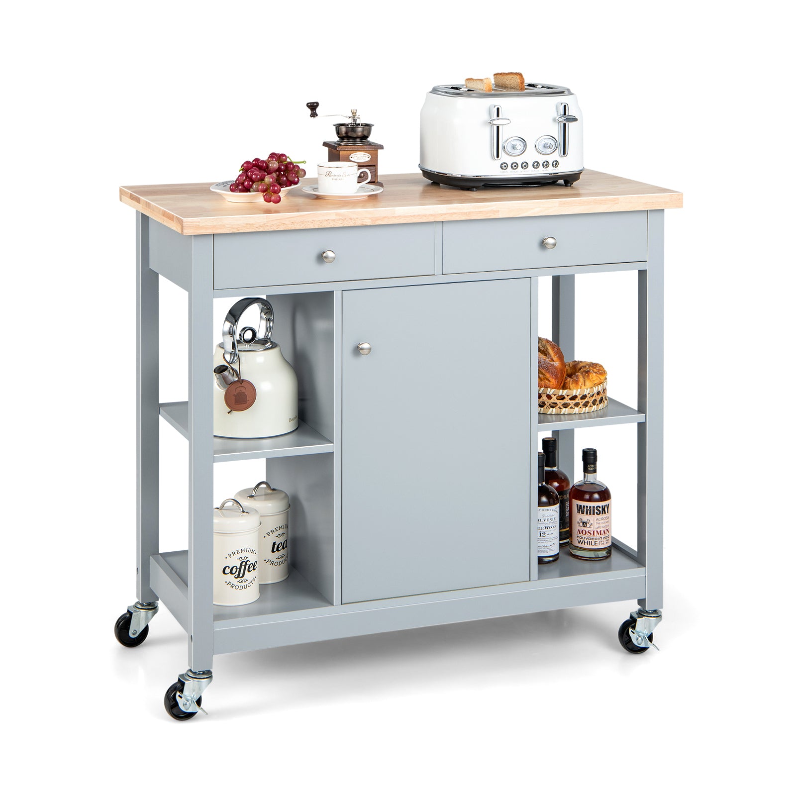 Mobile Kitchen Island Cart Rolling Kitchen Island with Rubber Wood Top-Grey