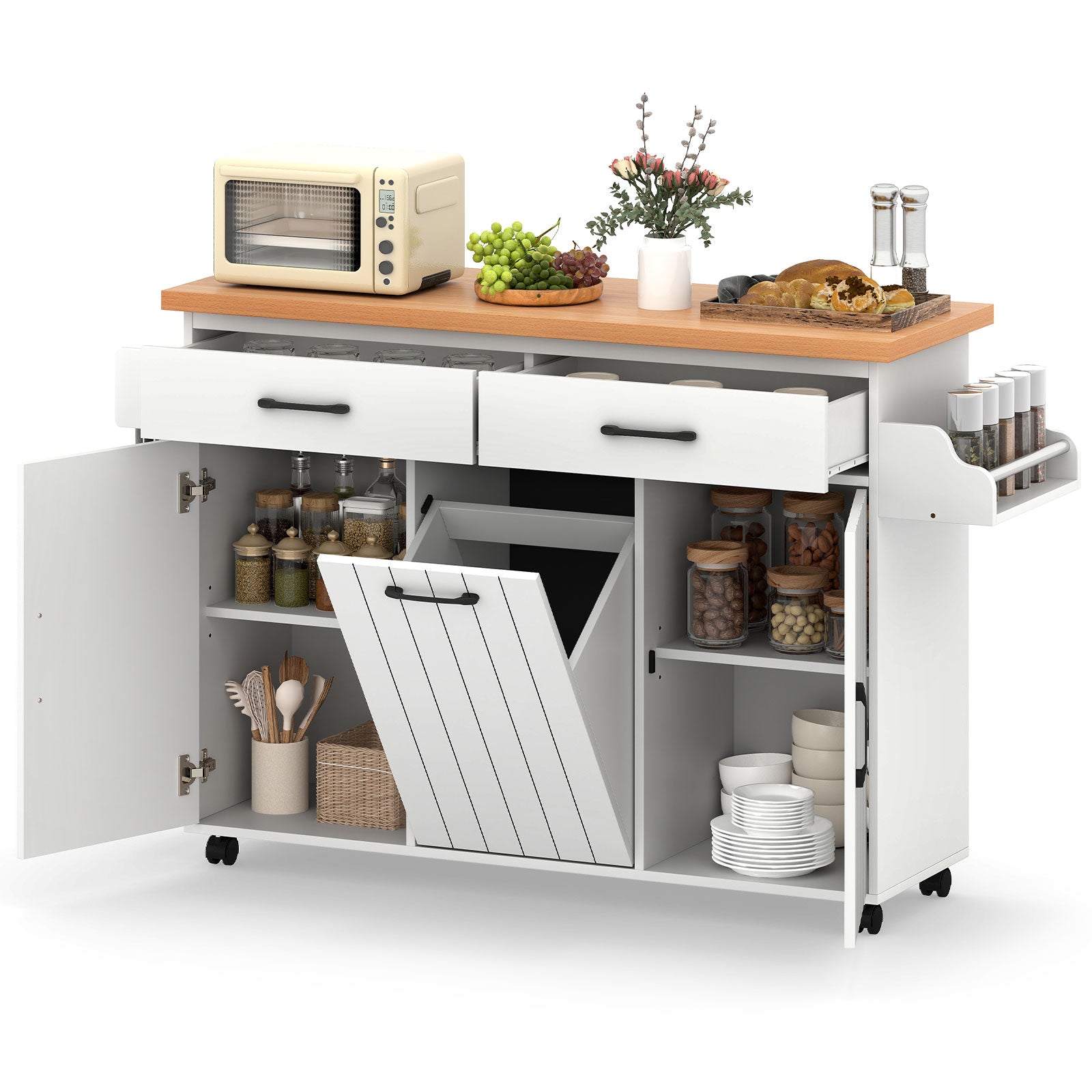 Mobile Kitchen Island with Trash Bag Storage and 2 Pull-out Drawer-White