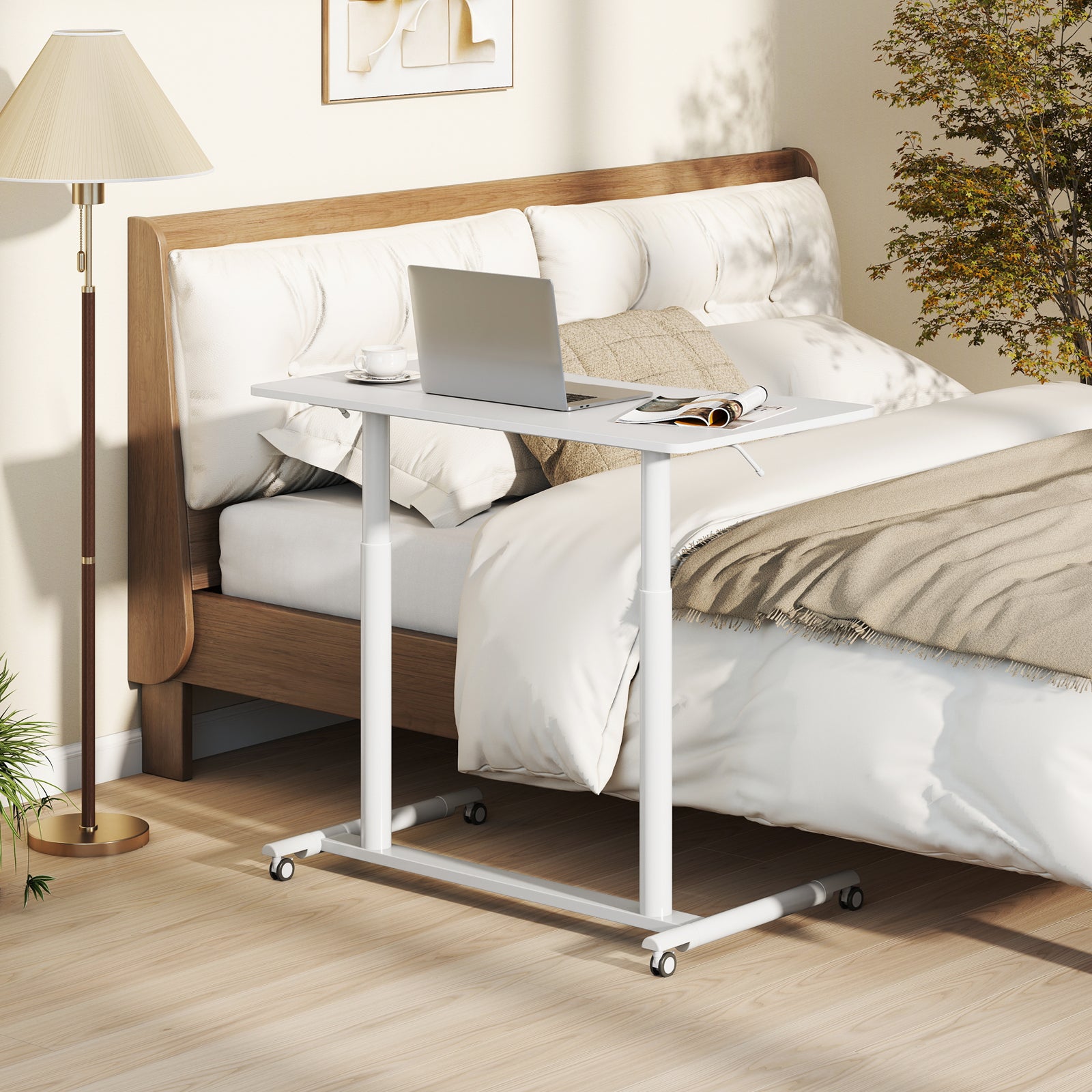 C-Shaped Mobile Standing Desk with Adjustable Height and Lockable Wheels-White