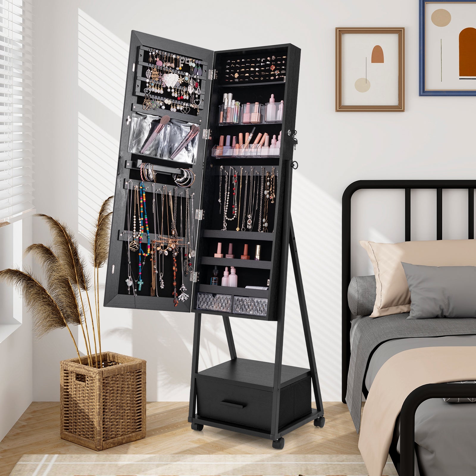 Mobile Standing Lockable Jewelry Cabinet with Full Length Mirror-Black