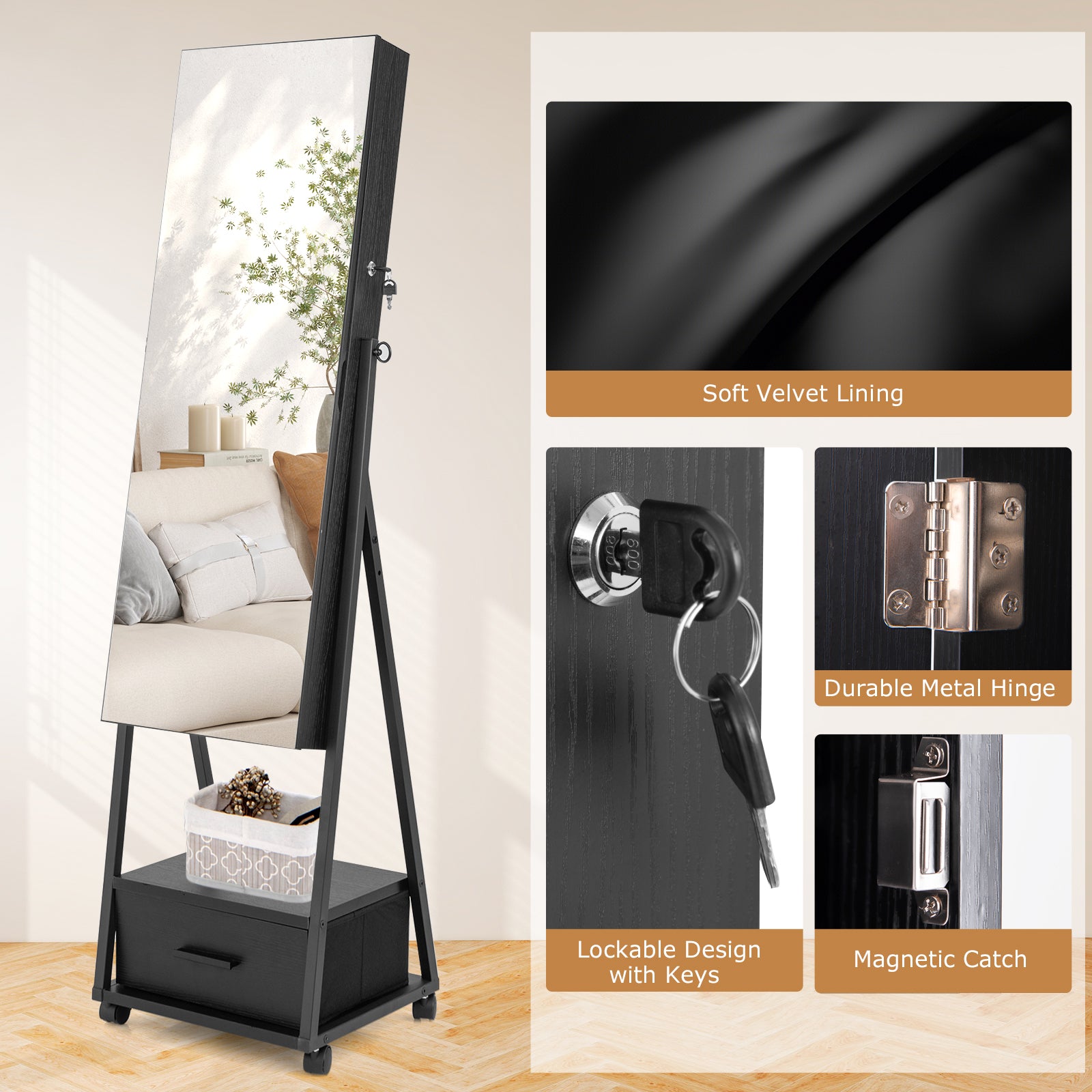 Mobile Standing Lockable Jewelry Cabinet with Full Length Mirror-Black