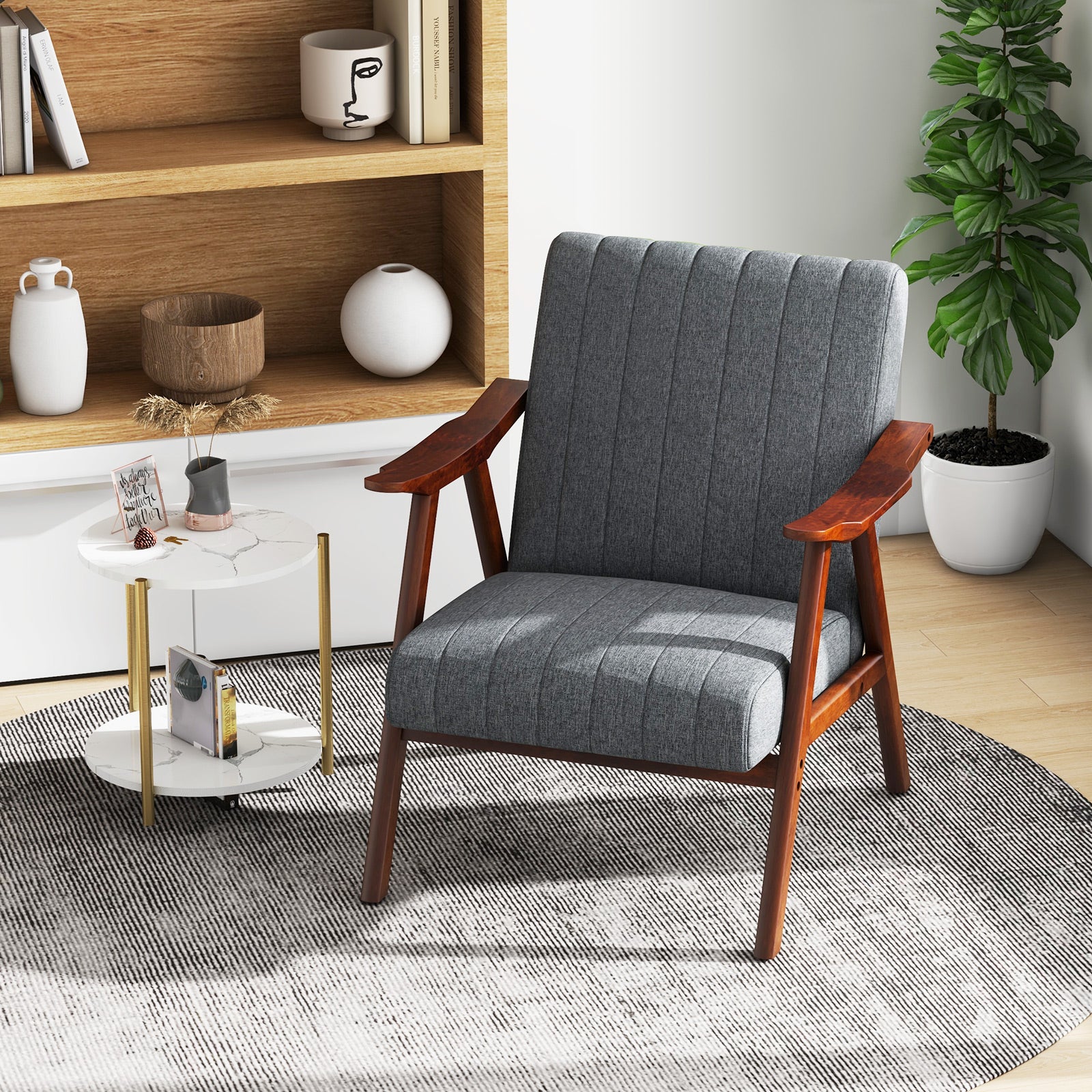 Modern Accent Chair with Armrests and Rubber Wood Frame-Light Grey