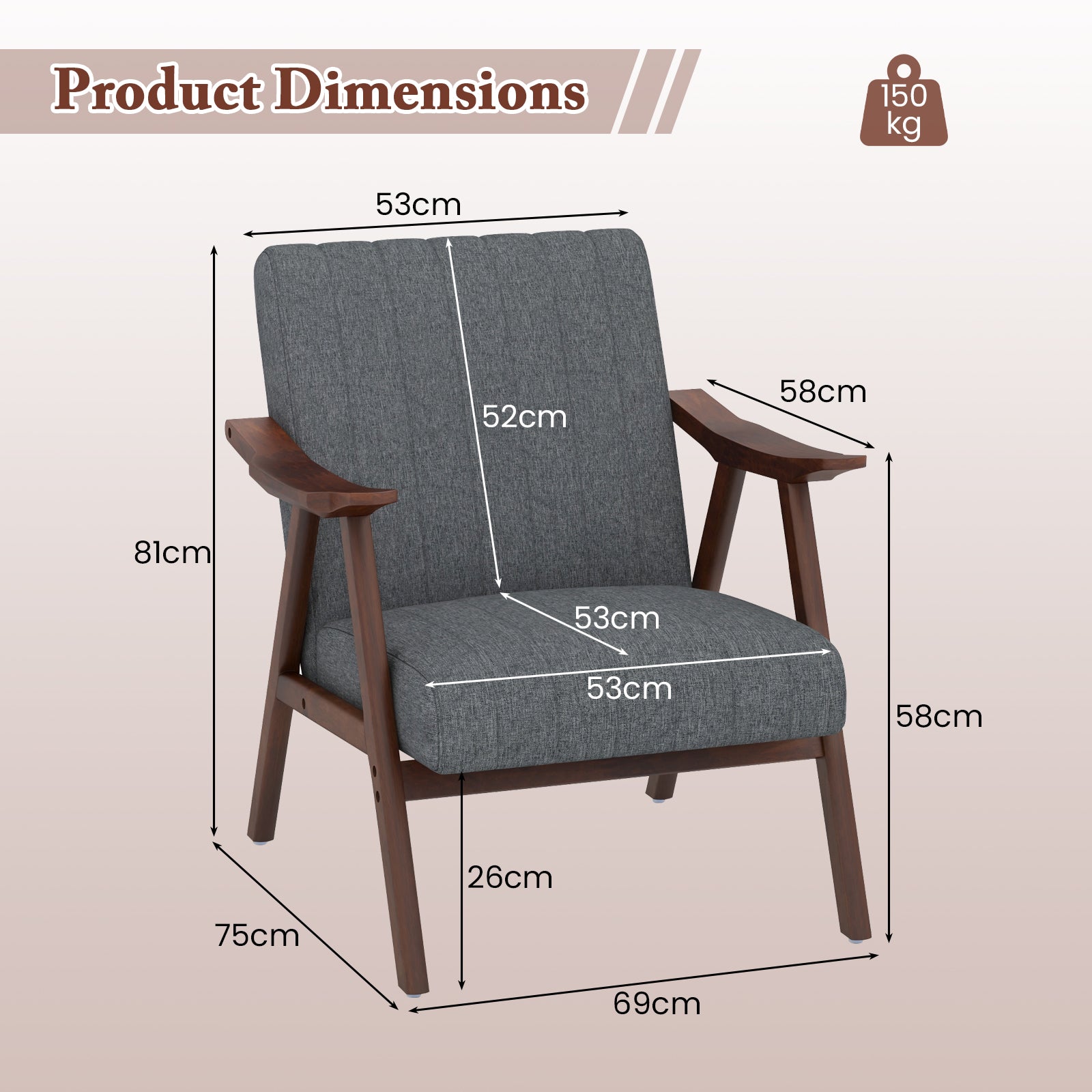 Modern Accent Chair with Armrests and Rubber Wood Frame-Light Grey