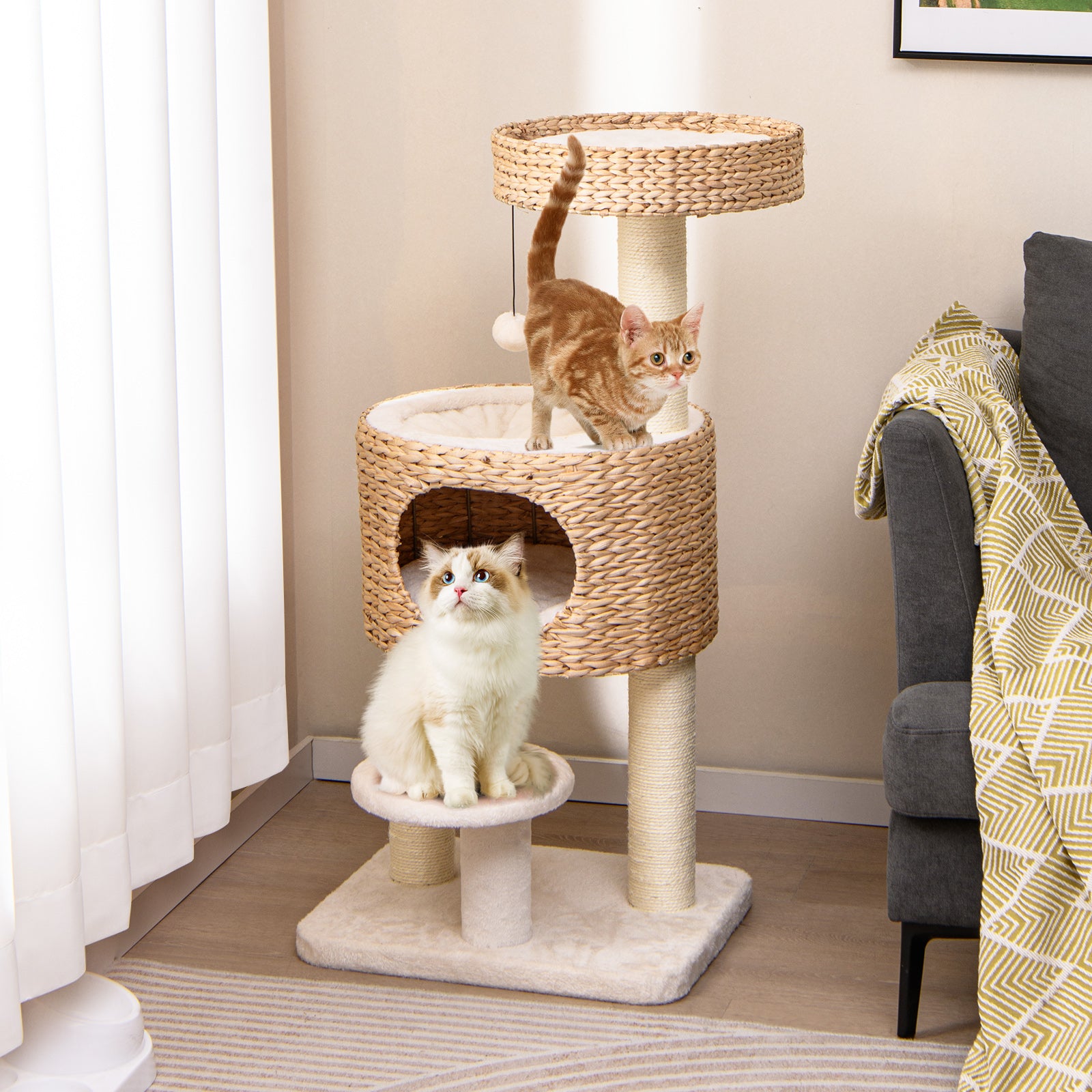 Modern Cat Tower with Top Perch and Removable Cushion-Natural