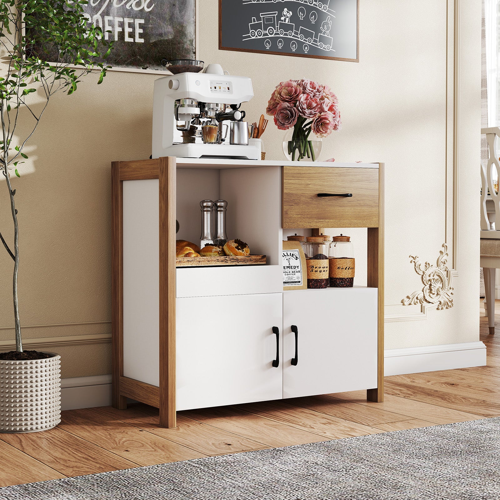 Modern Farmhouse Coffee Bar Cabinet with Drawer for Dining Room-White