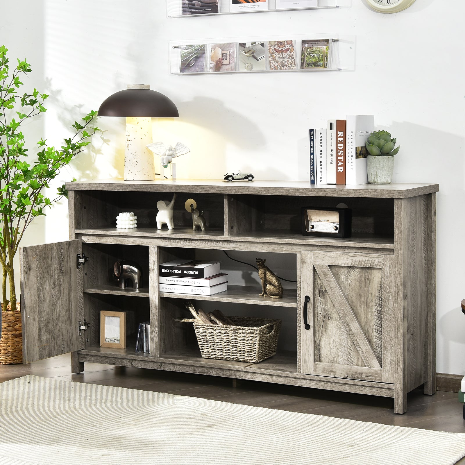 Modern Farmhouse TV Cabinet with Barn Doors for TVs Up to 65 Inches-Natural
