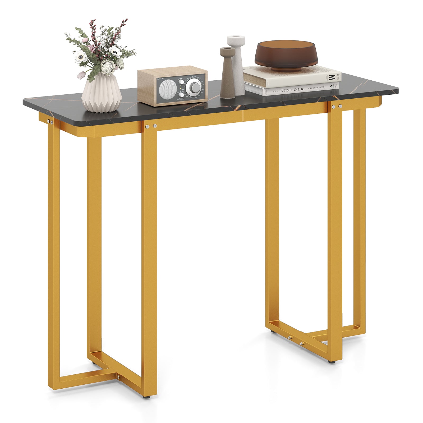 Modern Faux Marble Entryway Console Table with Geometric Metal Frame-Grey