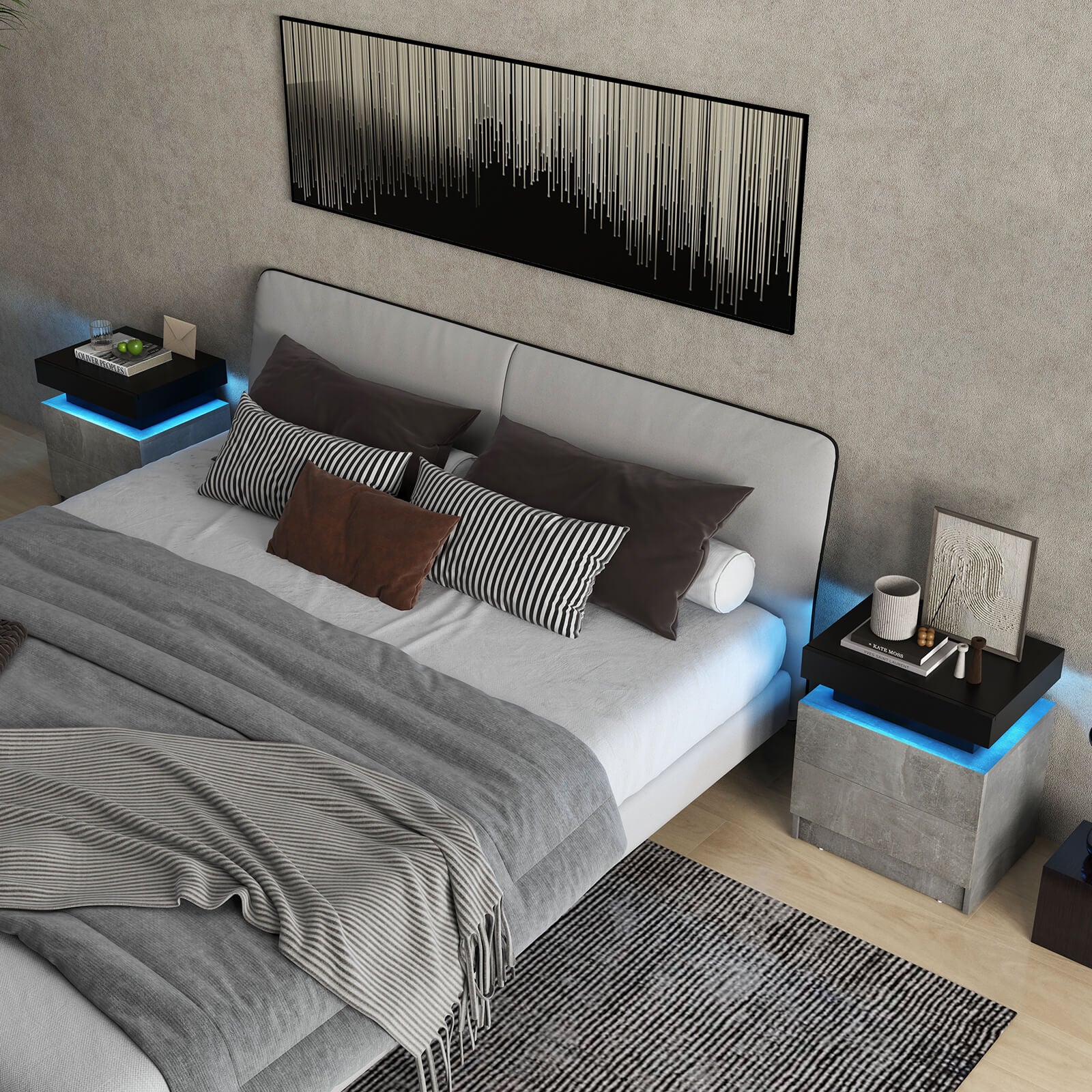 Modern Nightstand Faux Marble End Table with 2 Drawers and LED Light-Grey