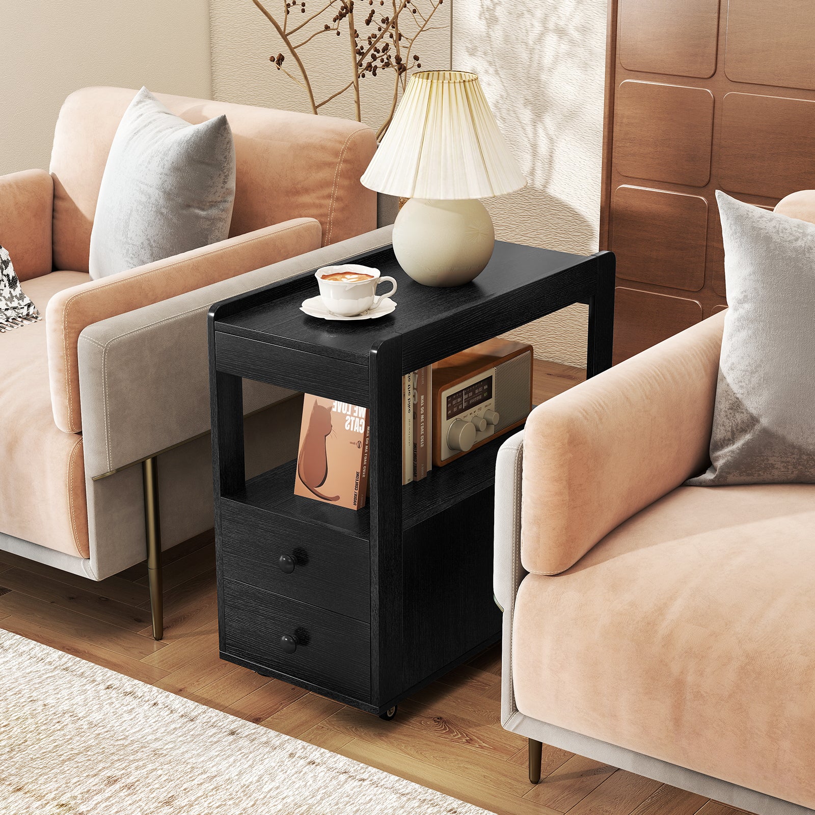 Modern 2-Drawer Sofa Side Table with Open Shelves-Black