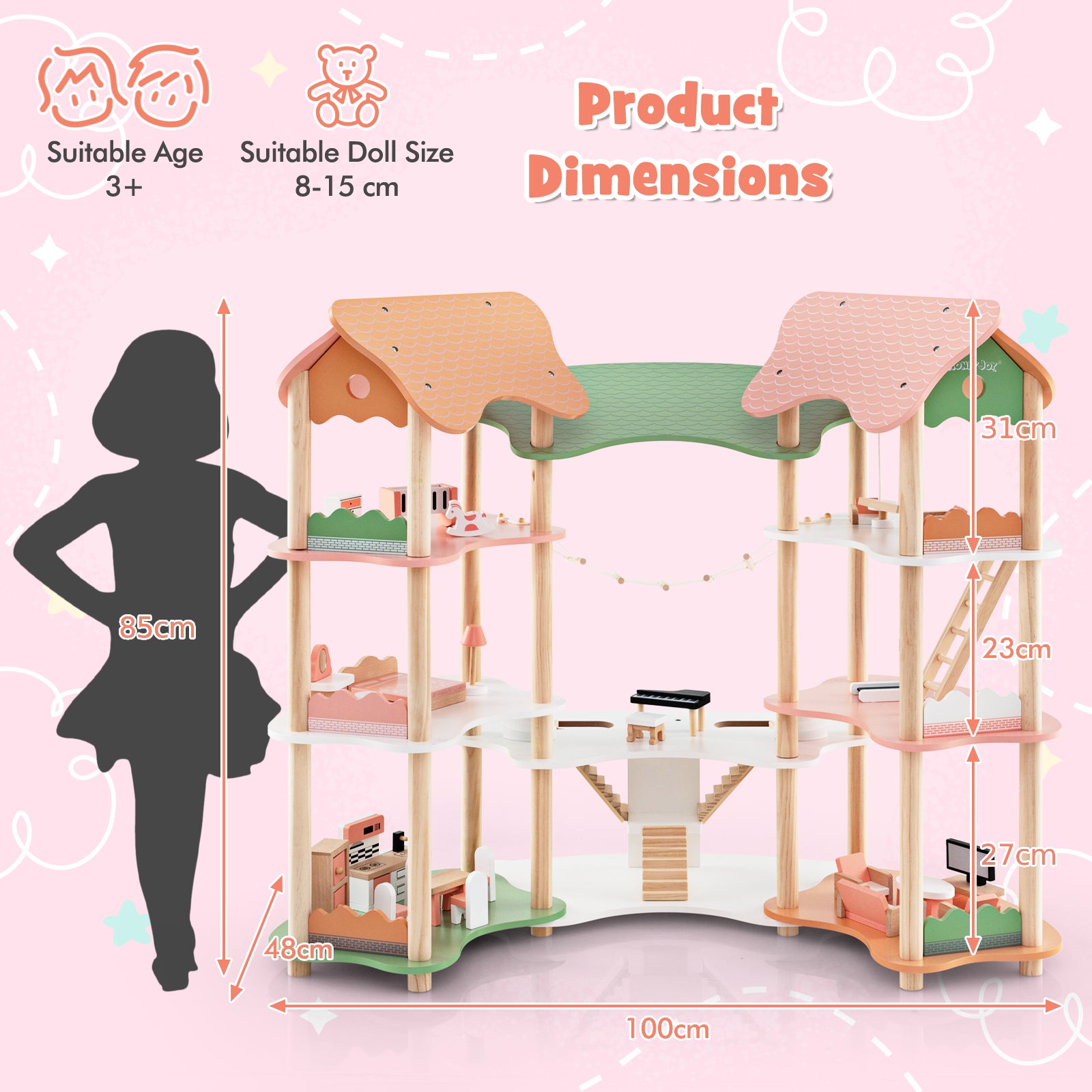 Multi-Layer Wooden Dollhouse Versatile Kids Playhouse Toy with 7-Room-Colourful