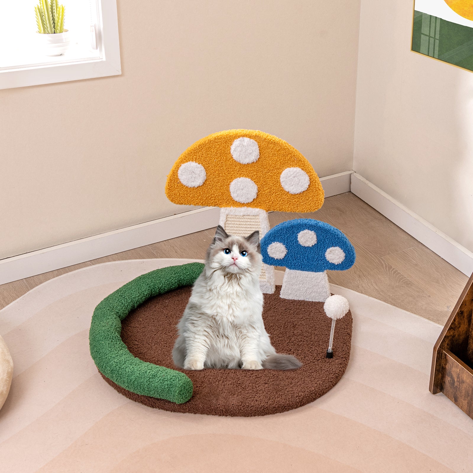Mushroom Cat Bed with Wide Large Platform and Sisal Scratching Panel-Multicolor