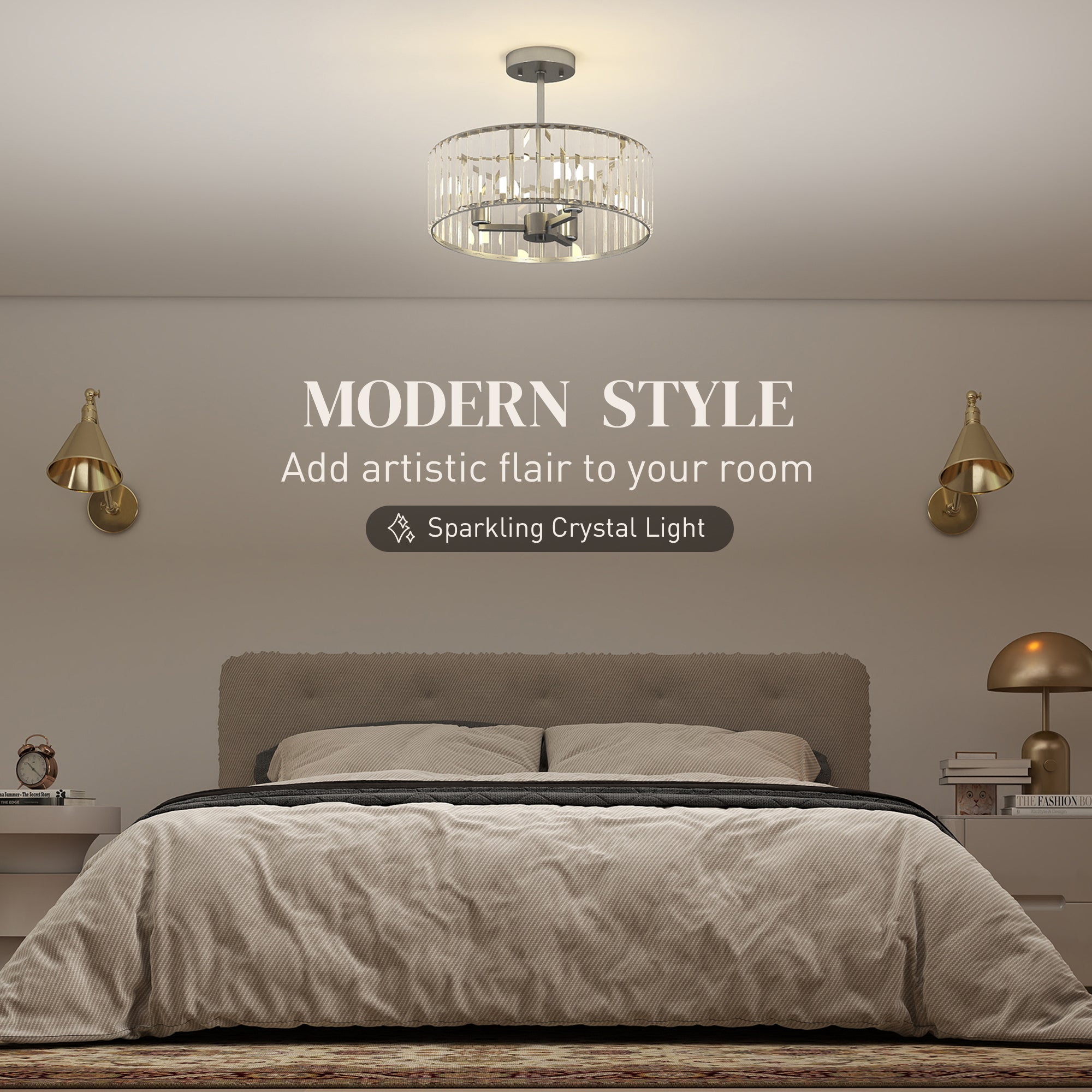 HOMCOM Crystal Ceiling Light Fixture, Semi Flush Mount Modern Crystal Chandelier Ceiling Light for Living Room, Bedroom, Hallway, Dining Room, E14 Base 3-Lights, Silver Tone