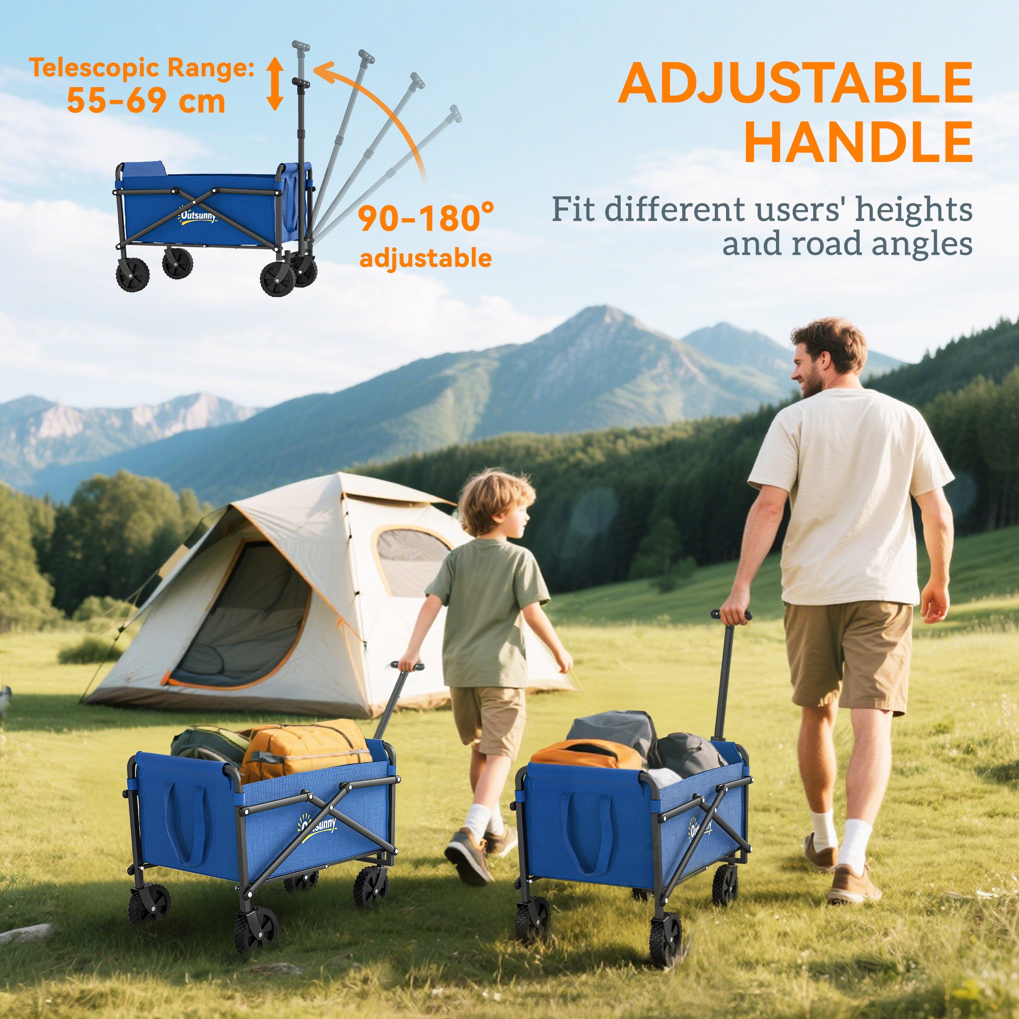 Outsunny 41L Festival Trolley on Wheels, Small Garden Folding Trolley Cart, 60kg Heavy Duty Collapsible Folding Wagon with Adjustable Handle and Carrying Bag for Beach, Camping, Festival, Blue