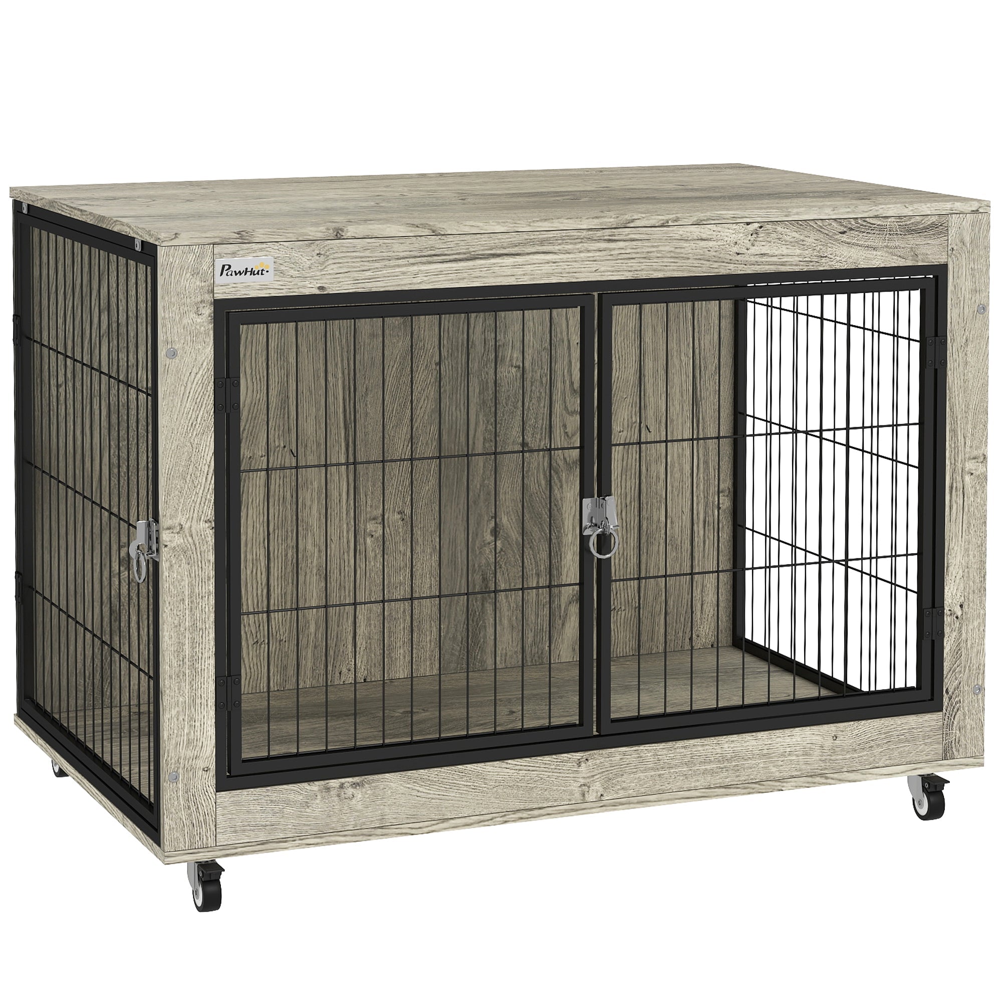 PawHut Dog Crate Furniture with Wheels, Double Doors, for Large Dogs, Grey