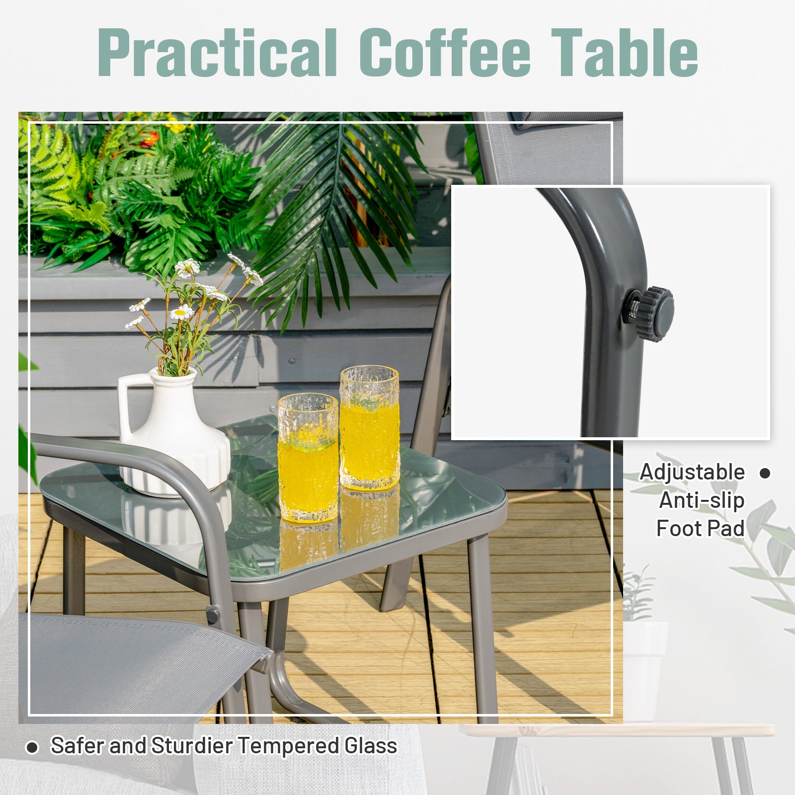 3 Pieces Patio Bistro Set with Coffee Table and 2 Stackable Chairs-Grey