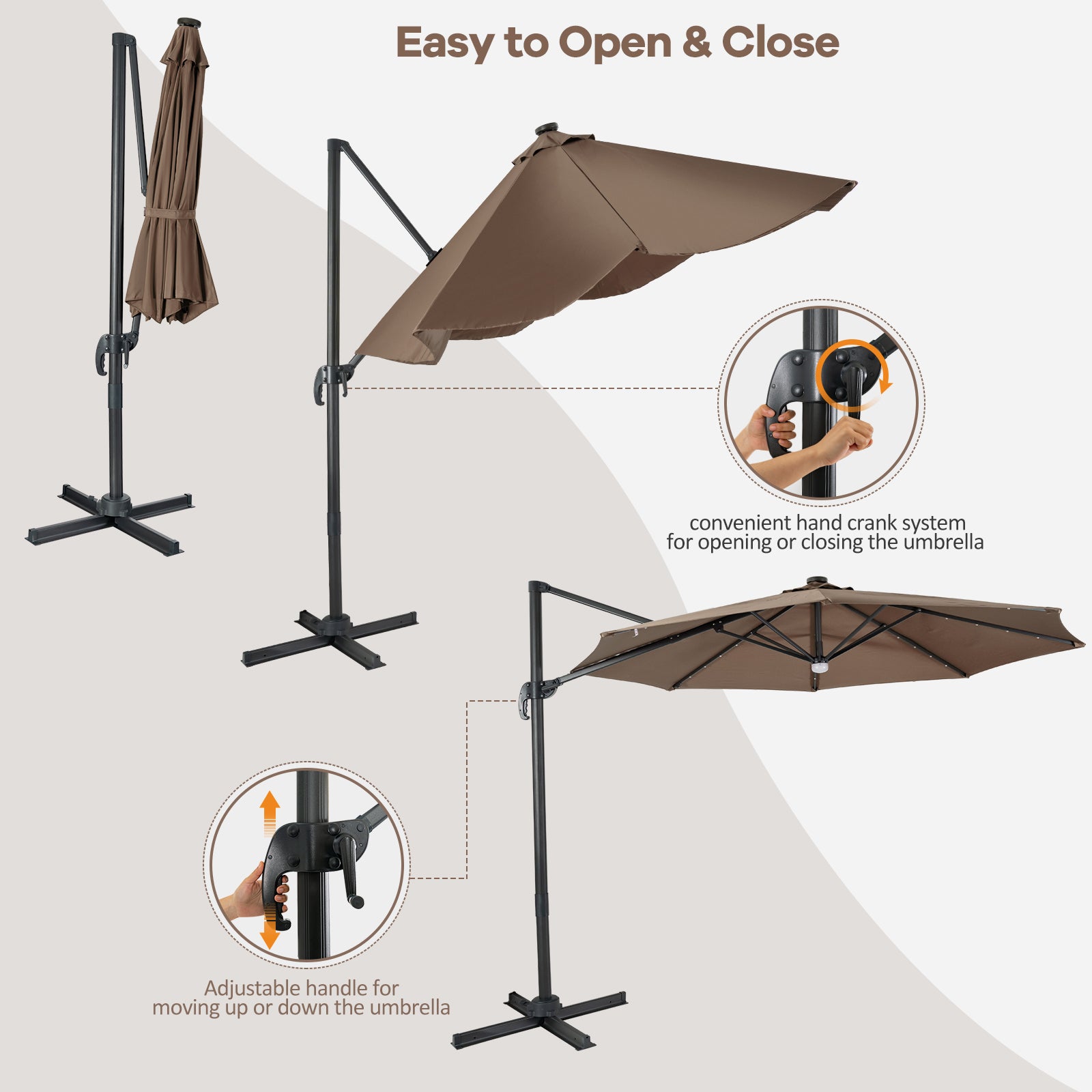 10 Feet Cantilever Solar Umbrella 28LED Lighted Patio Offset Tilt 360¬∞ for Outdoor-Brown