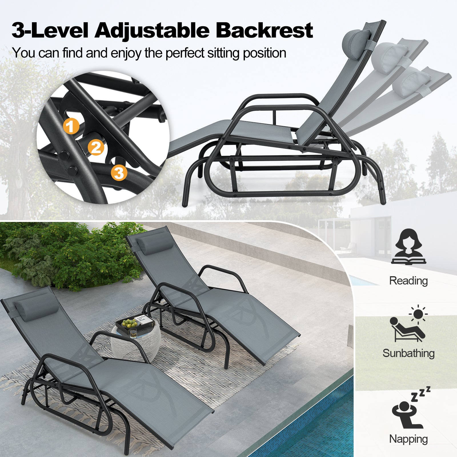 Outdoor Chaise Lounge Glider Chair with Armrests and Pillow-Grey-Grey