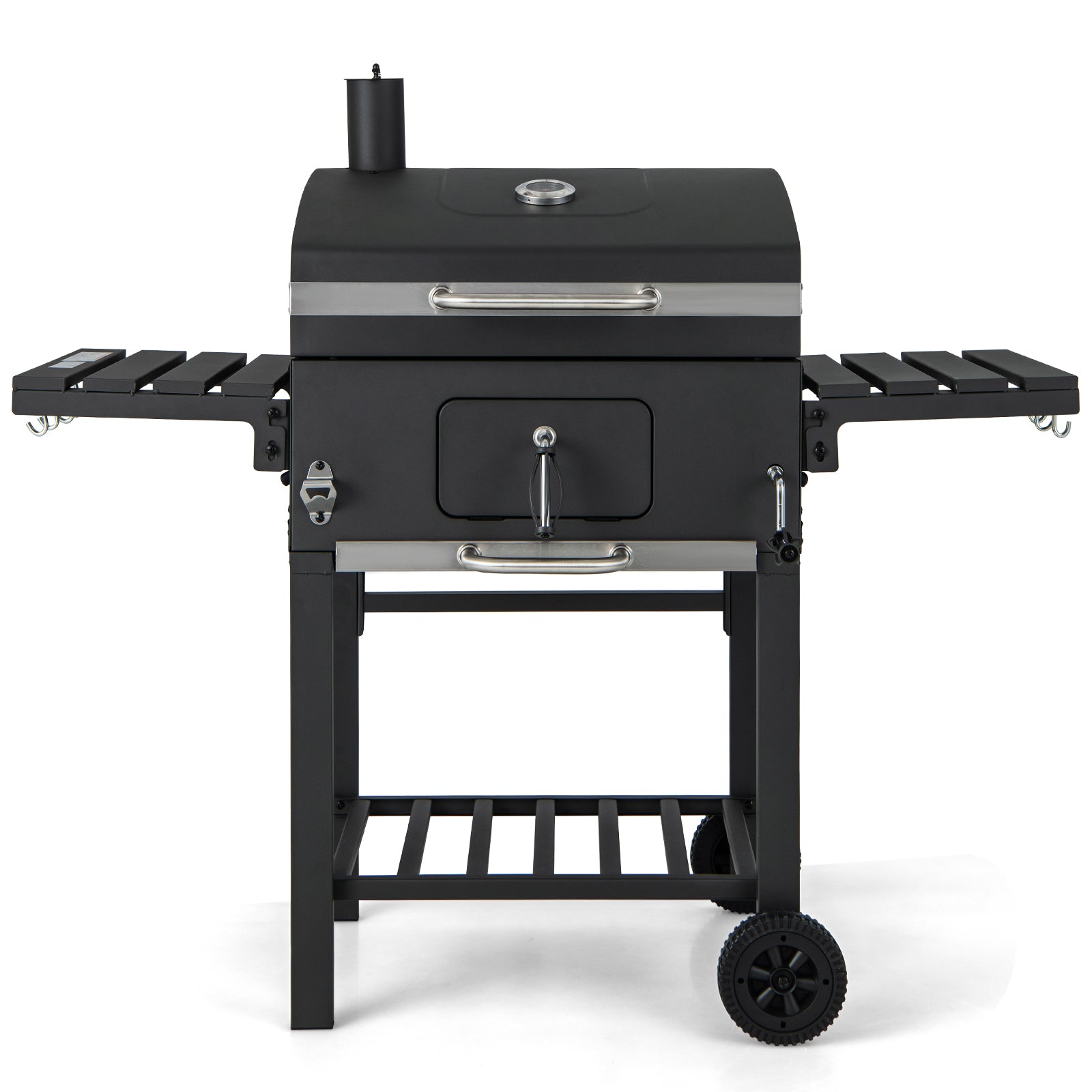 Charcoal BBQ Grill with Foldable Side Tables Hooks and Wheels