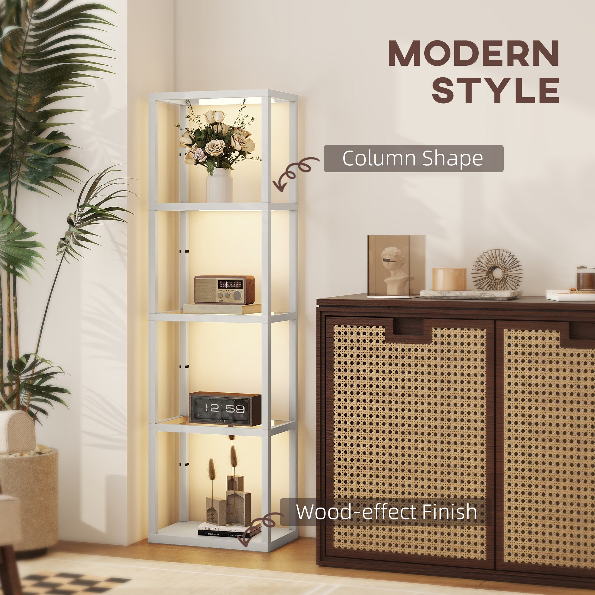 HOMCOM LED Floor Lamp with Glass Shelves, 4 Layers Dimmable Tall Standing Lamp, Modern Column Shelf Floor Light for Living Room, Bedroom, Office, Grey