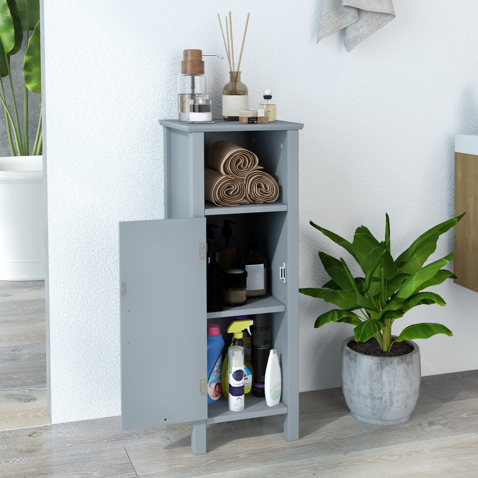 Freestanding Narrow Bathroom Storage Organizer Rack Stand with Door and Adjustable Shelf-Grey