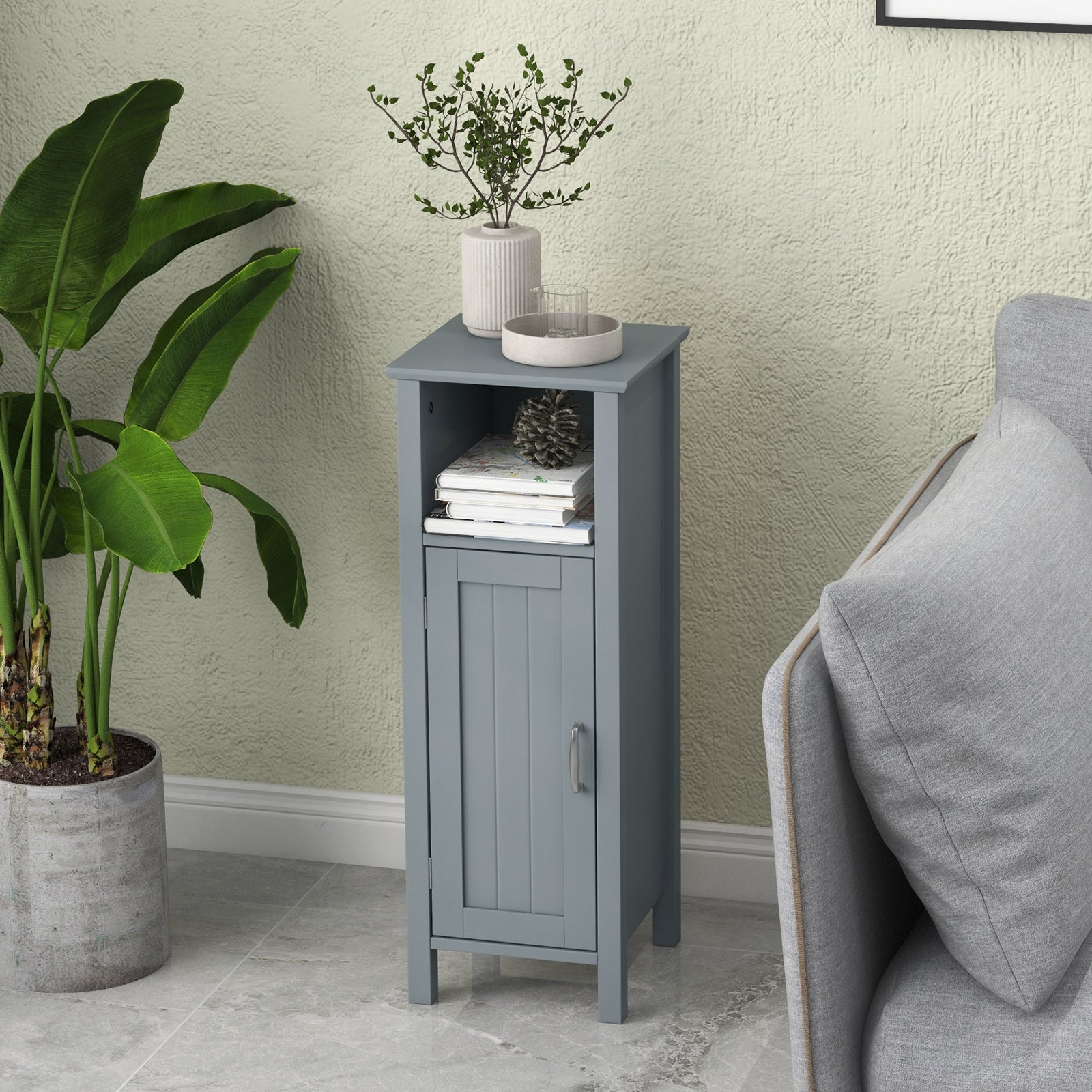 Freestanding Narrow Bathroom Storage Organizer Rack Stand with Door and Adjustable Shelf-Grey