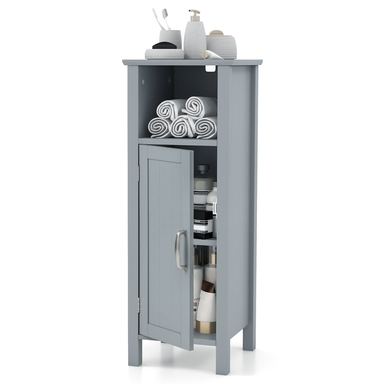 Freestanding Narrow Bathroom Storage Organizer Rack Stand with Door and Adjustable Shelf-Grey