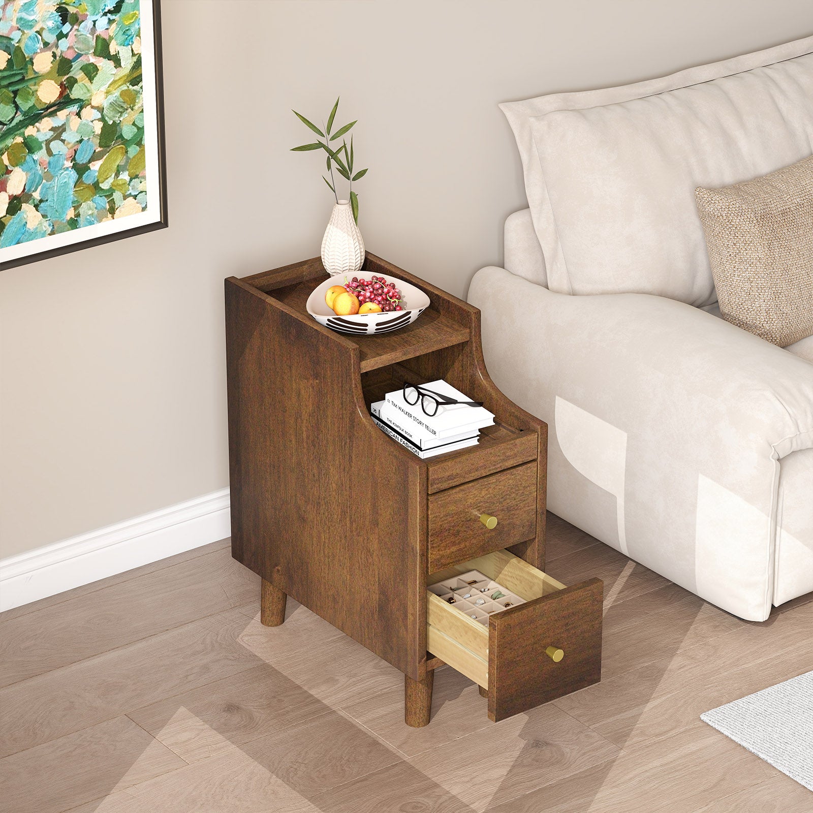 Narrow Nightstand Solid Wood End Table with Pull-out Tray 2 Storage Drawers-Brown