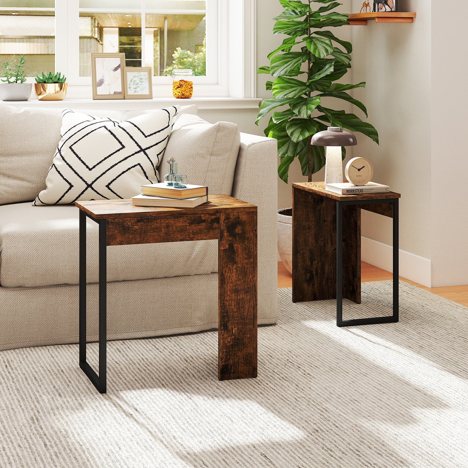 Nesting Coffee Table Set of 2 Faux Wood Top Sofa Side Table-Rustic Brown