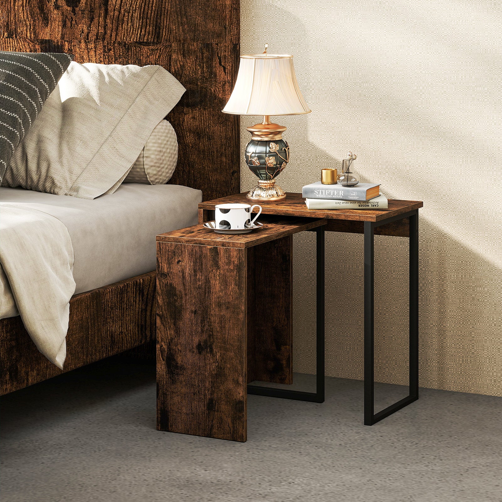 Nesting Coffee Table Set of 2 Faux Wood Top Sofa Side Table-Rustic Brown