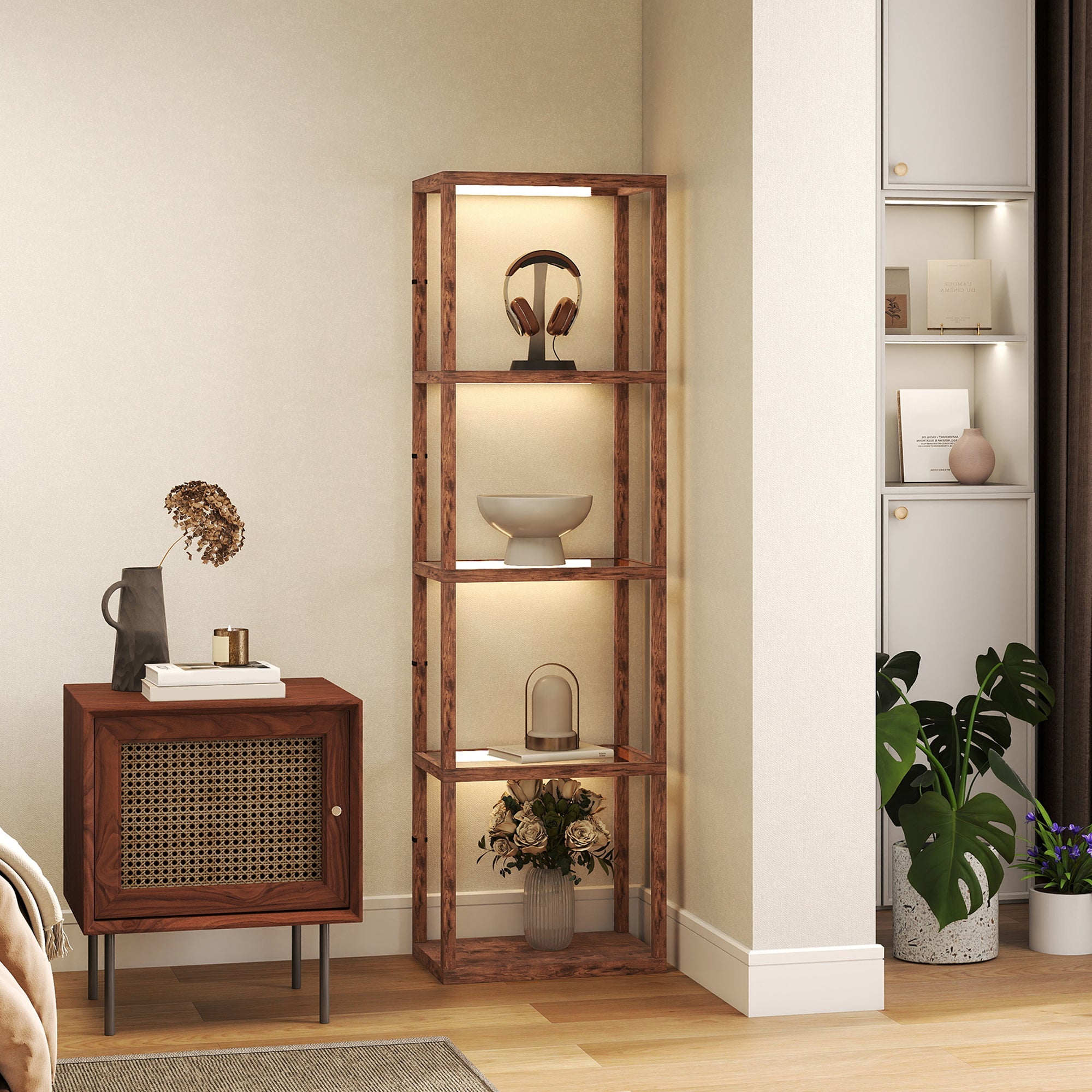 HOMCOM LED Floor Lamp with Glass Shelves, 4 Layers Dimmable Tall Standing Lamp, Modern Column Shelf Floor Light for Living Room, Bedroom, Office, Rustic Brown