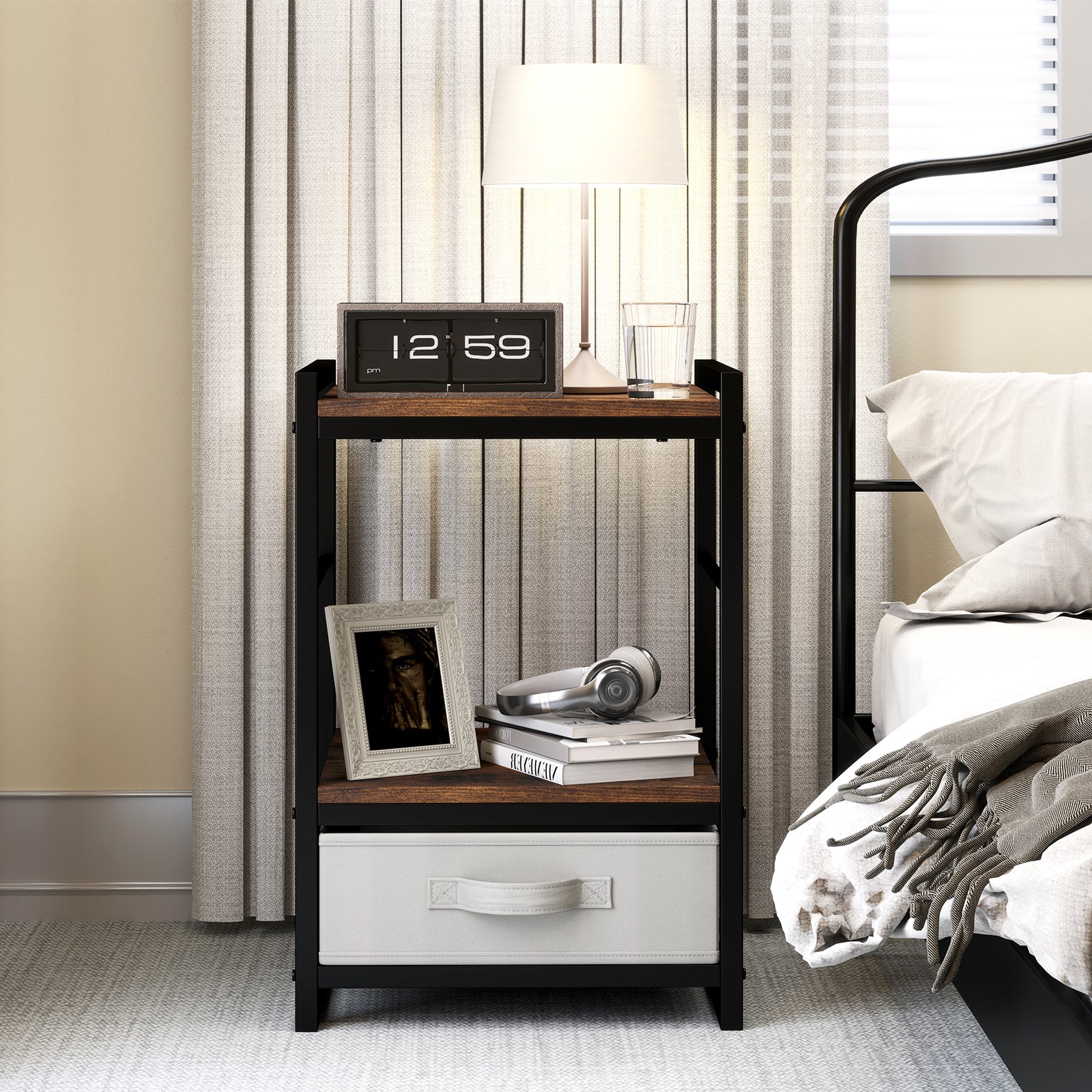 Nightstand Bedside Table with Fabric Drawer Open Wood Shelf-Rustic Brown