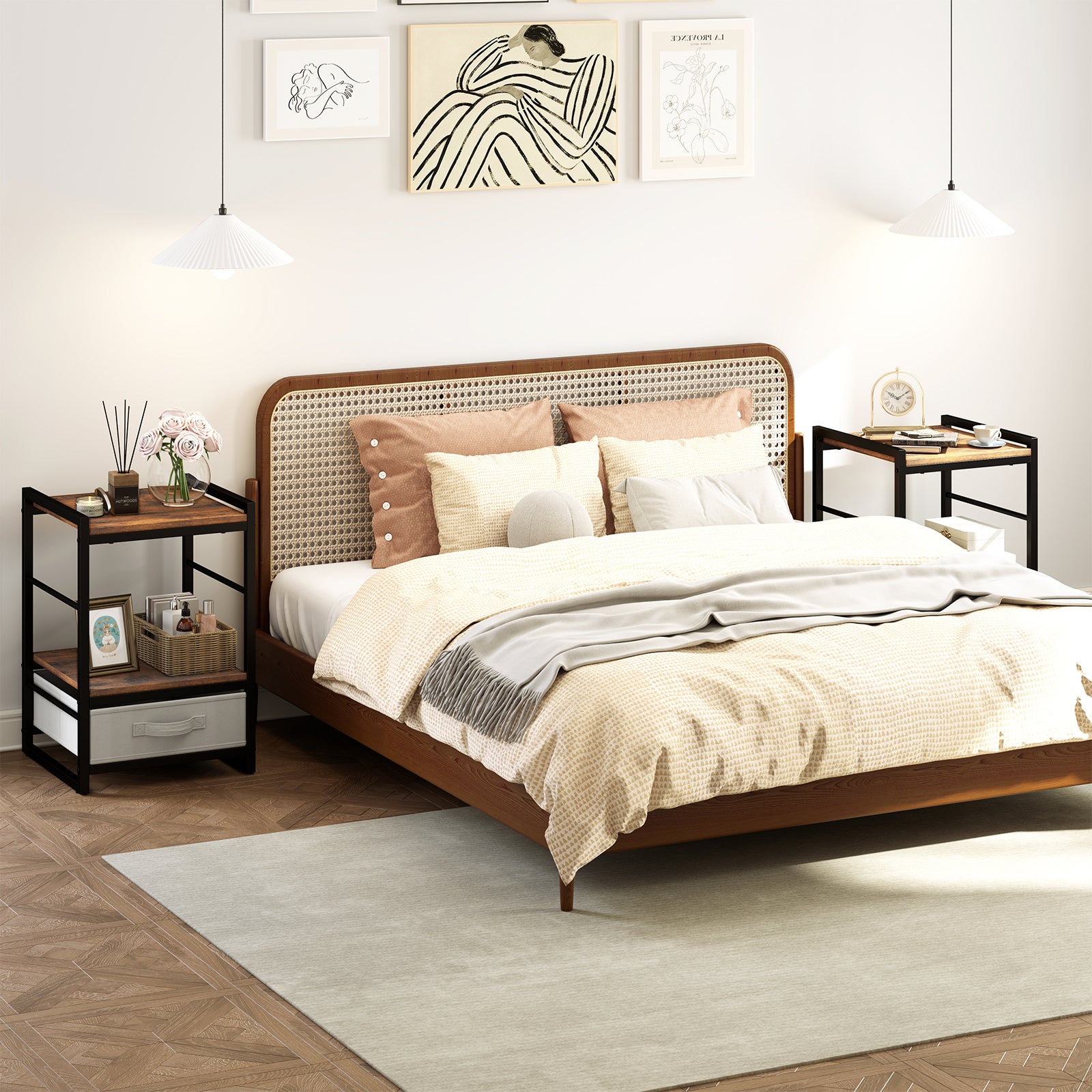 Nightstand Bedside Table with Fabric Drawer Open Wood Shelf-Rustic Brown