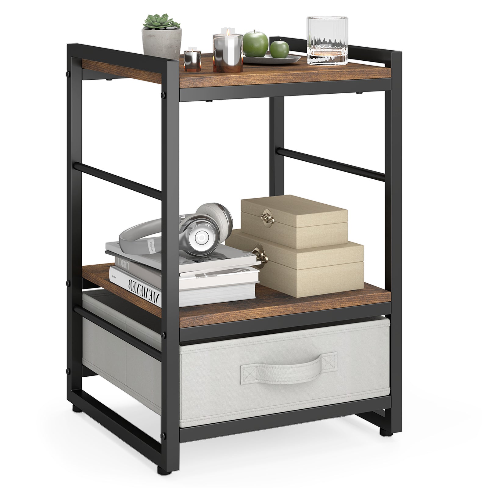 Nightstand Bedside Table with Fabric Drawer Open Wood Shelf-Rustic Brown