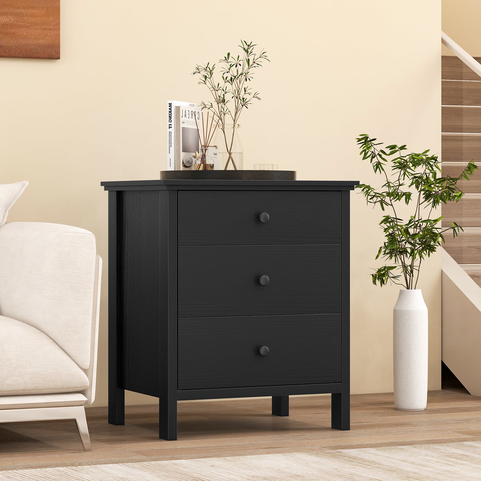 Nightstand with 3 Drawer for Bedroom Compact Storage Chest-Black