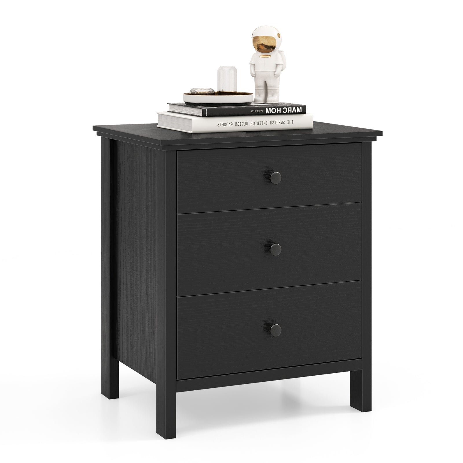 Nightstand with 3 Drawer for Bedroom Compact Storage Chest-Black