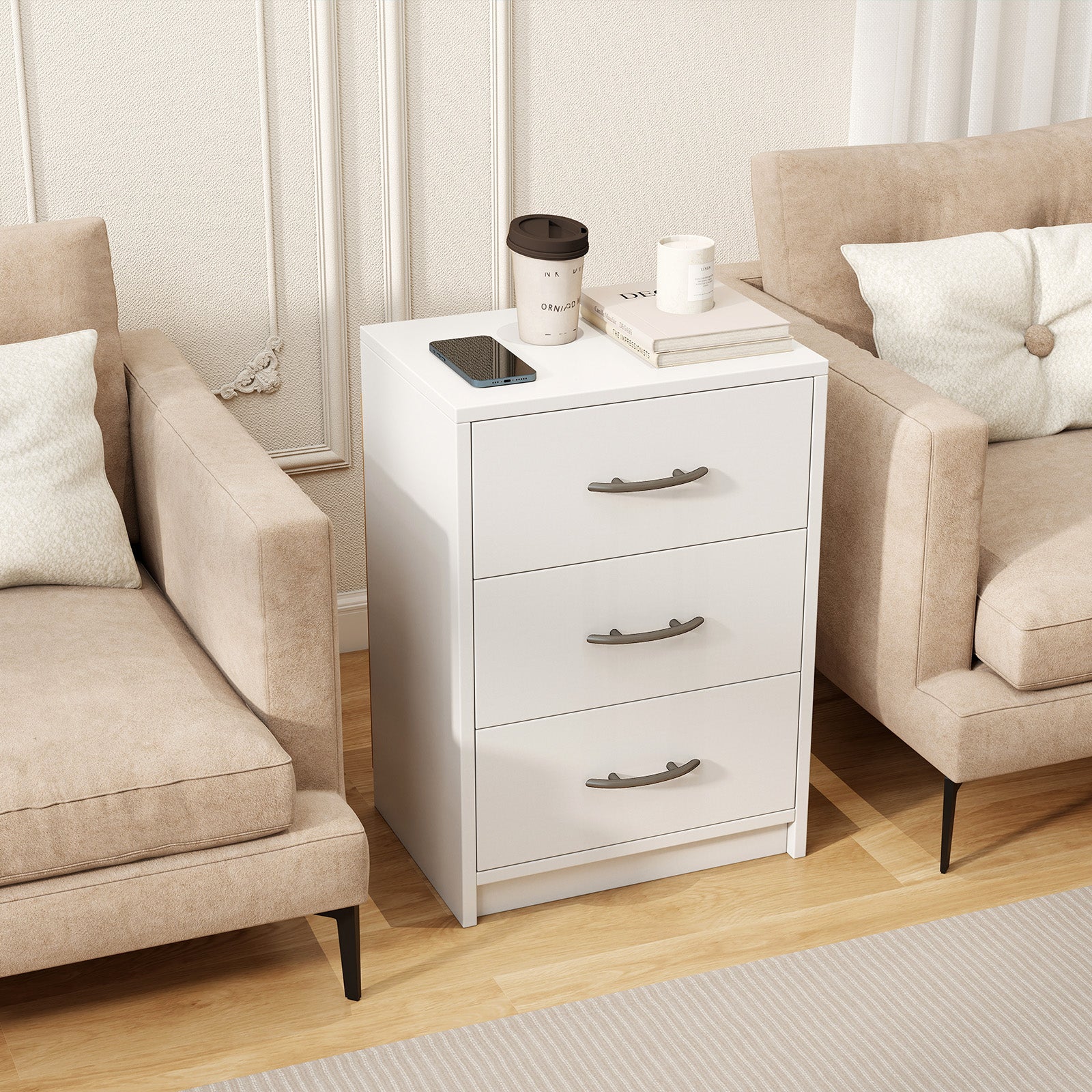 3-Drawer Nightstand with Storage for Living Room Bedroom-White