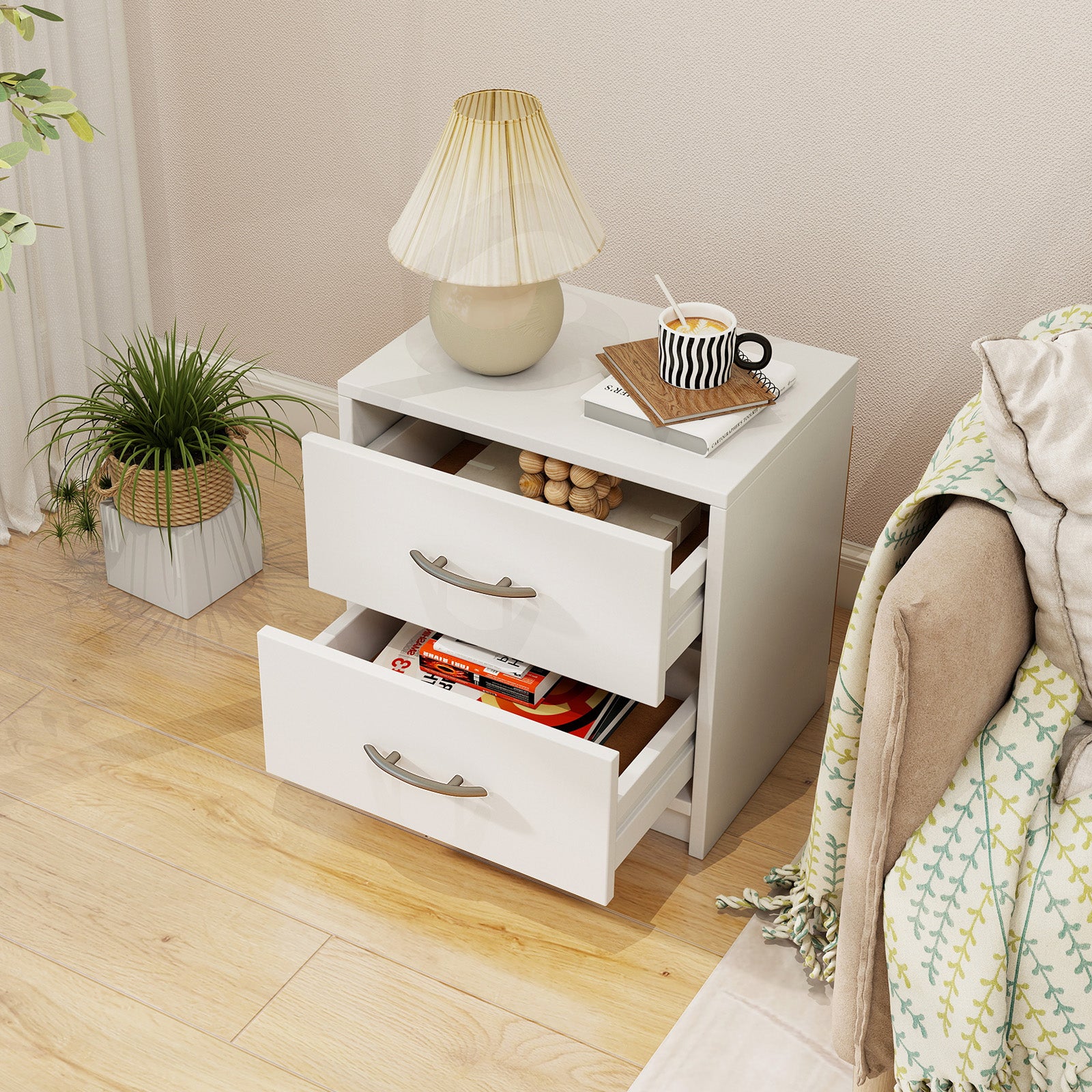 2-Drawer Nightstand with Storage for Living Room Bedroom-White