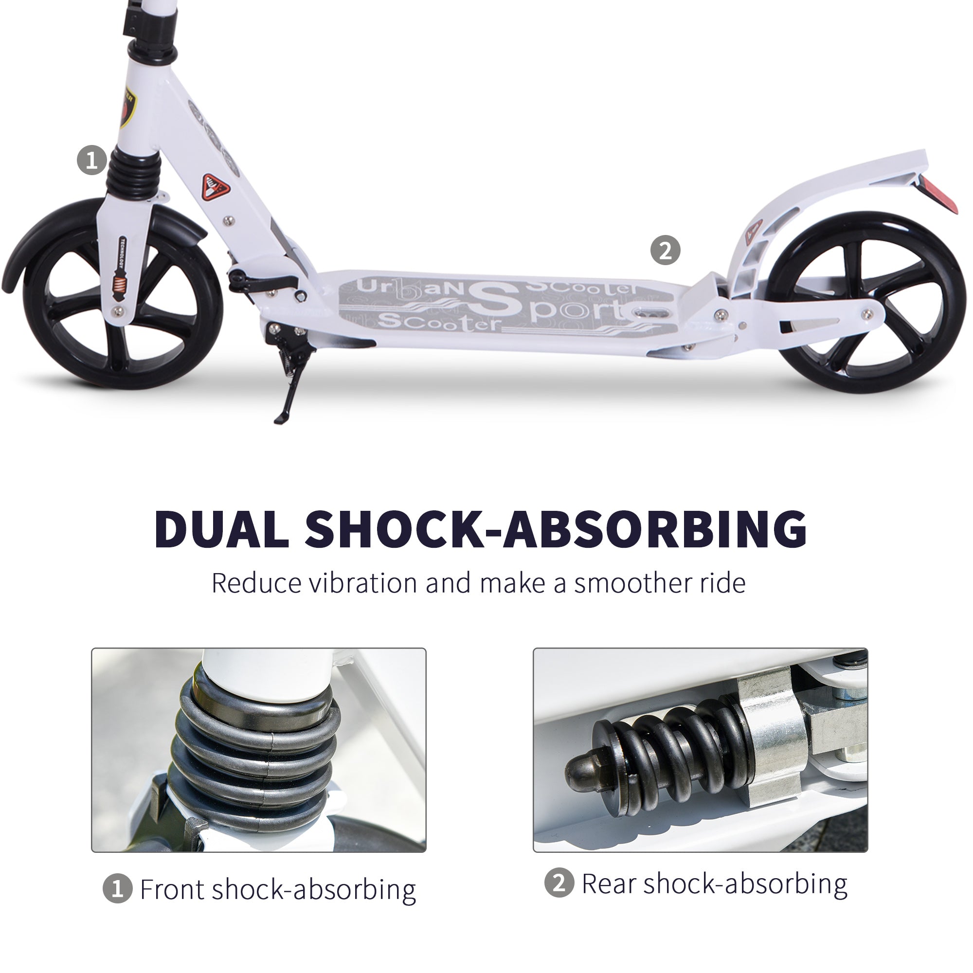 HOMCOM Folding Kick Scooter, Adjustable Ride On Scooter with 200mm Big Wheels and Double Shock Absorption, Urban Scooter for 14+ Teens Adult, White