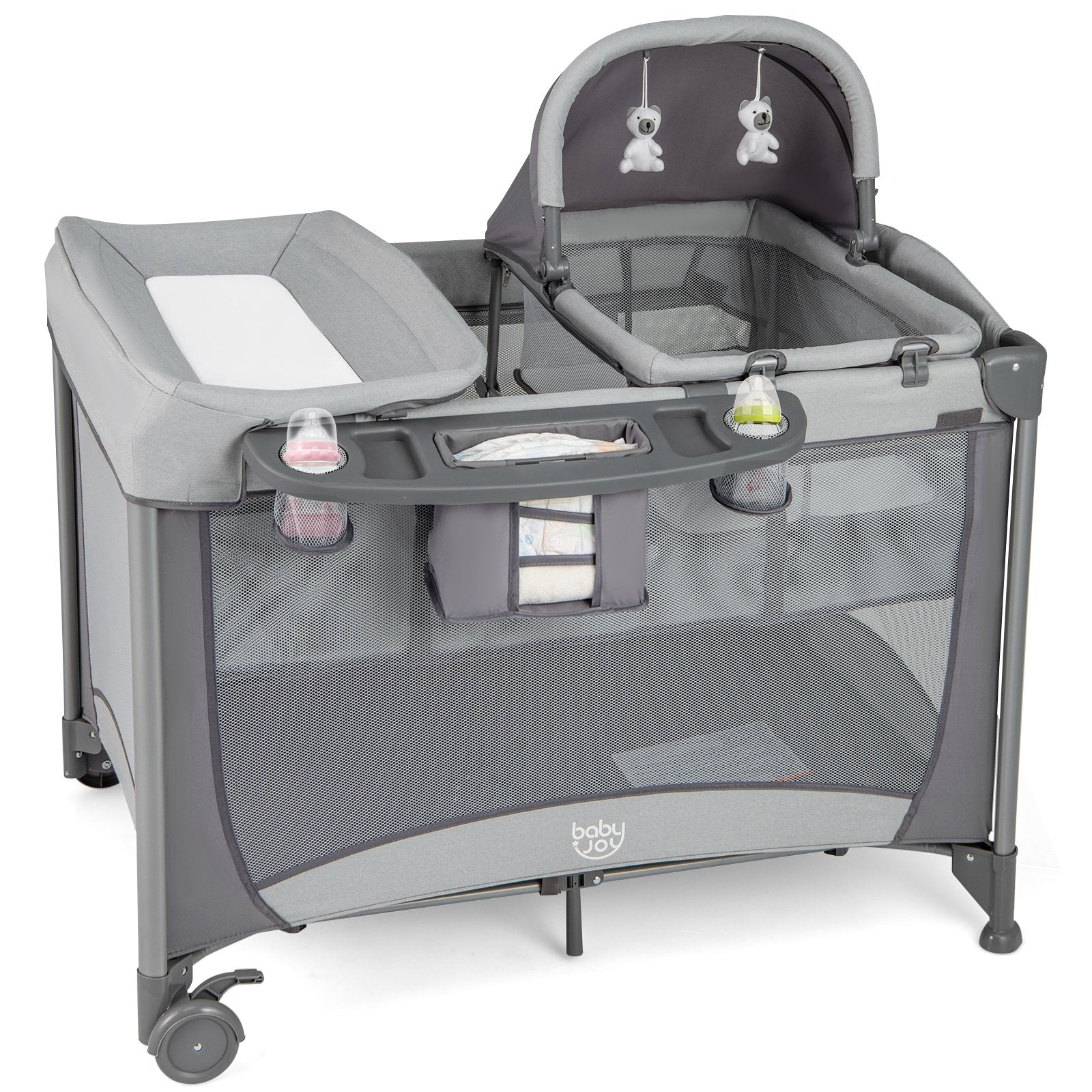 5 in 1 Portable Nursery Center with Bassinet and Cradle-Grey