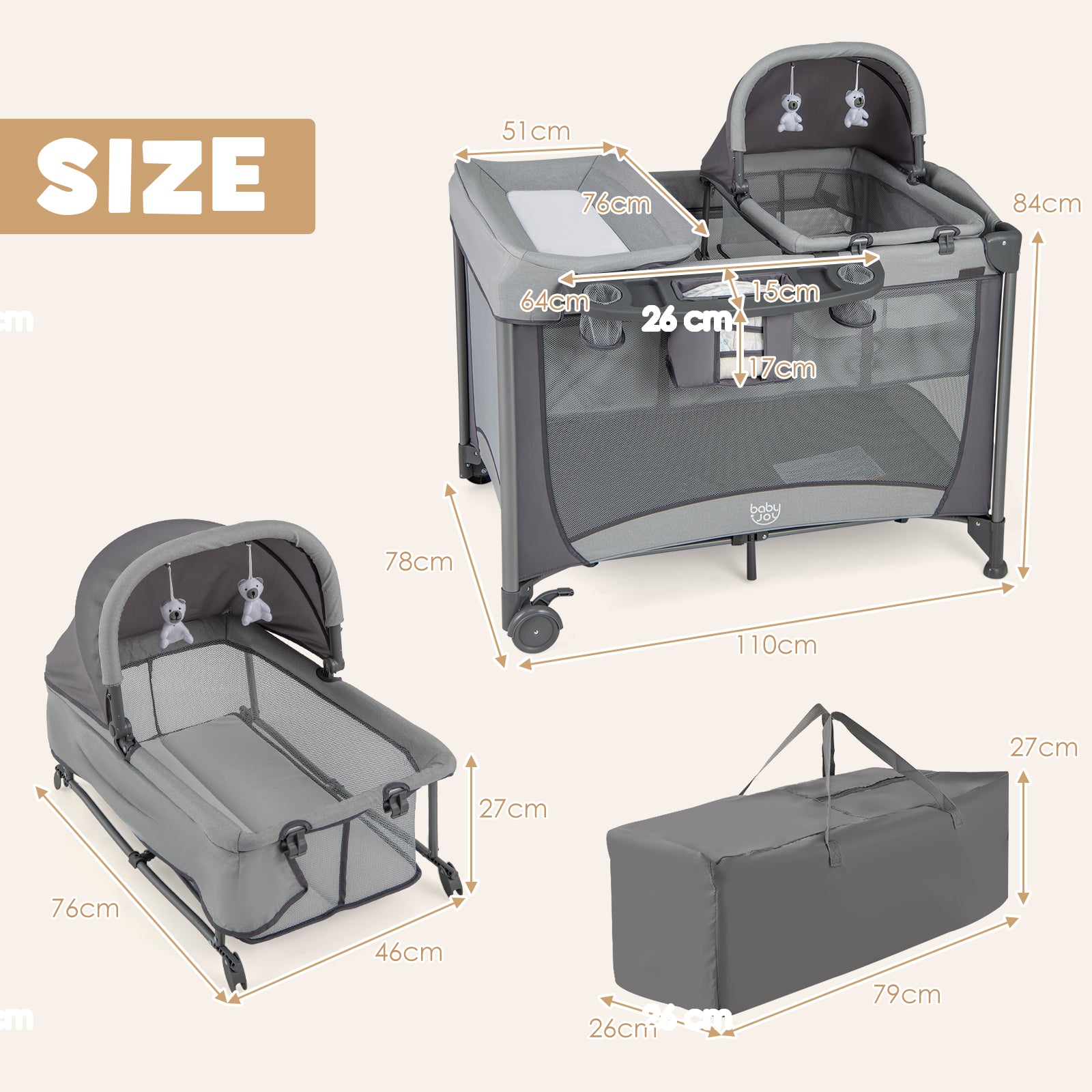 5 in 1 Portable Nursery Center with Bassinet and Cradle-Grey